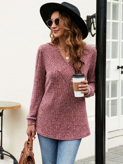 Ribbed Surplice Long Sleeve T-Shirt - Image 6