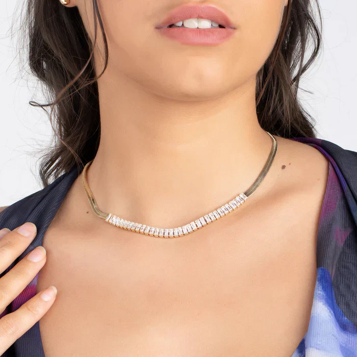 RMZ GOLD NYC 18K Gold Diamond CZ Herringbone Necklace - Image 2