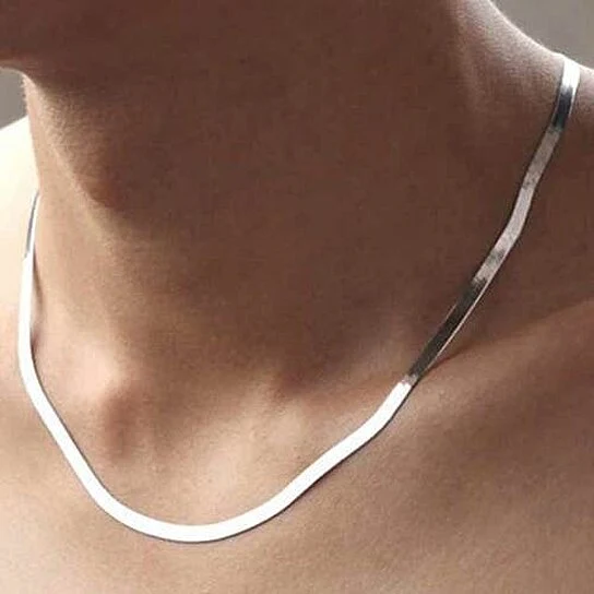 RMZ Gold NYC Italian Unisex 14K White Gold Plated Herringbone Flat Necklace – 20" - Image 2