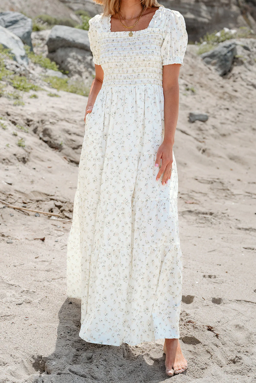 Robin Frilly Shirred Bodice Tiered Floral Maxi Dress by Threaded Pear - Image 6