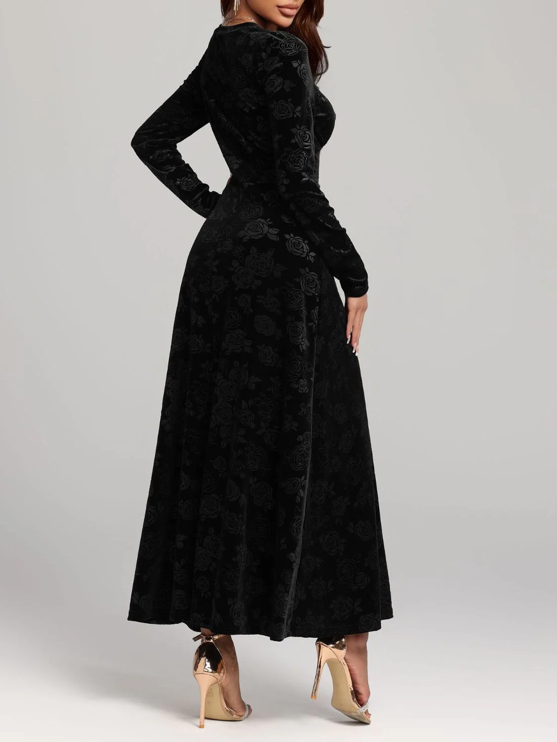 Rose Print V-Neck Long Sleeve Dress - Image 2