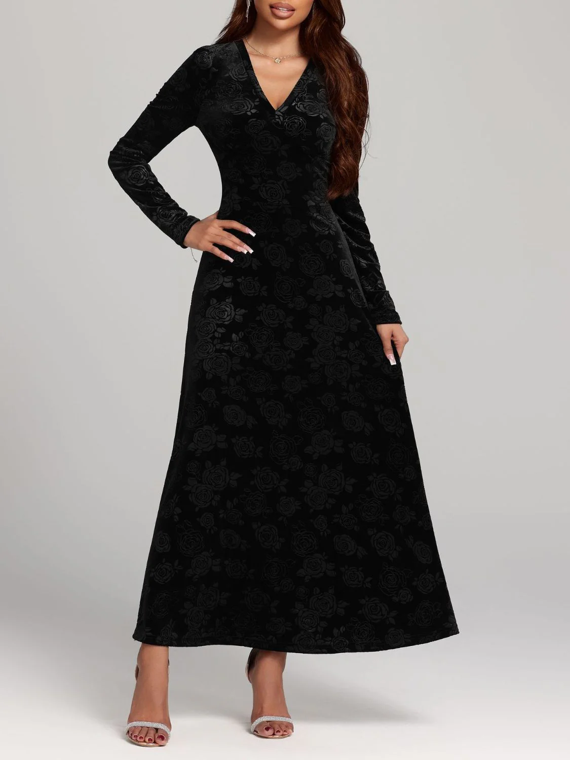 Rose Print V-Neck Long Sleeve Dress - Image 3