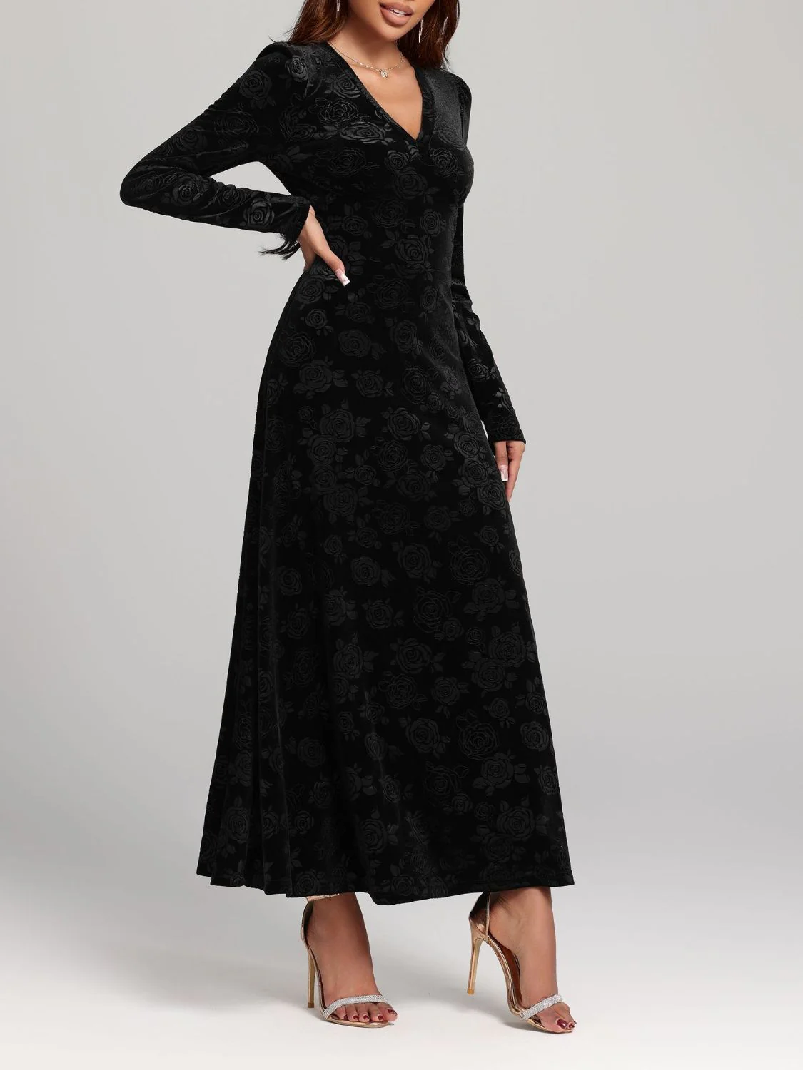 Rose Print V-Neck Long Sleeve Dress - Image 4