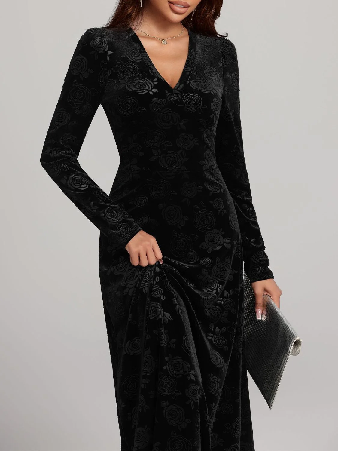 Rose Print V-Neck Long Sleeve Dress - Image 5