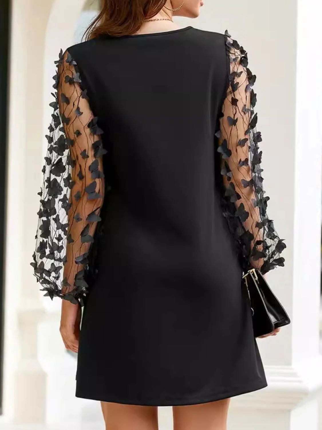 Round Neck Butterfly Mesh Long Sleeve Mini Dress - Image 3