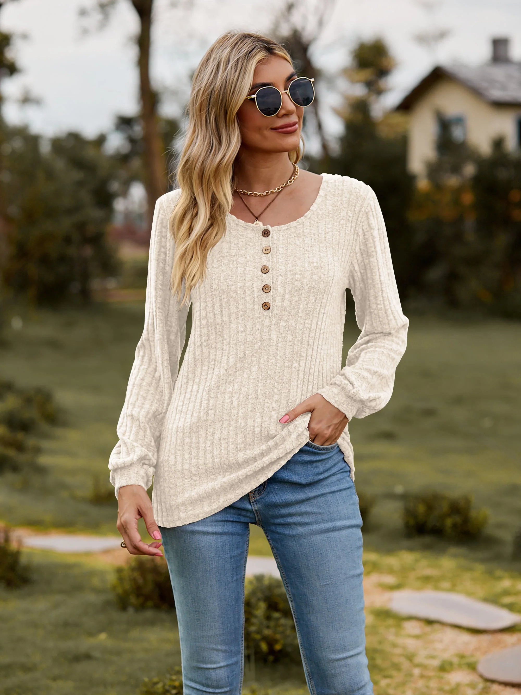 Round Neck Button-Down Long Sleeve Tee - Image 10