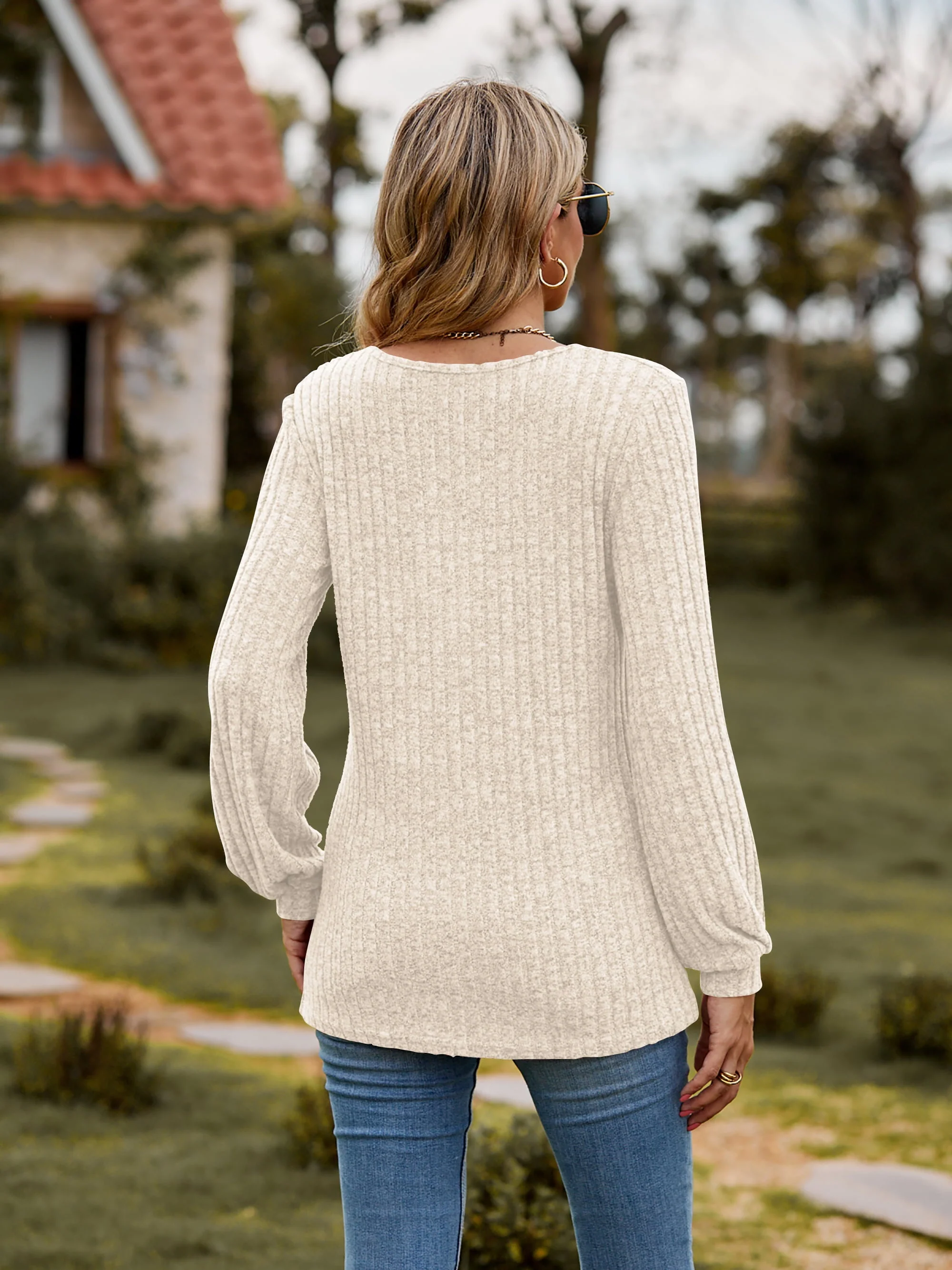 Round Neck Button-Down Long Sleeve Tee - Image 12