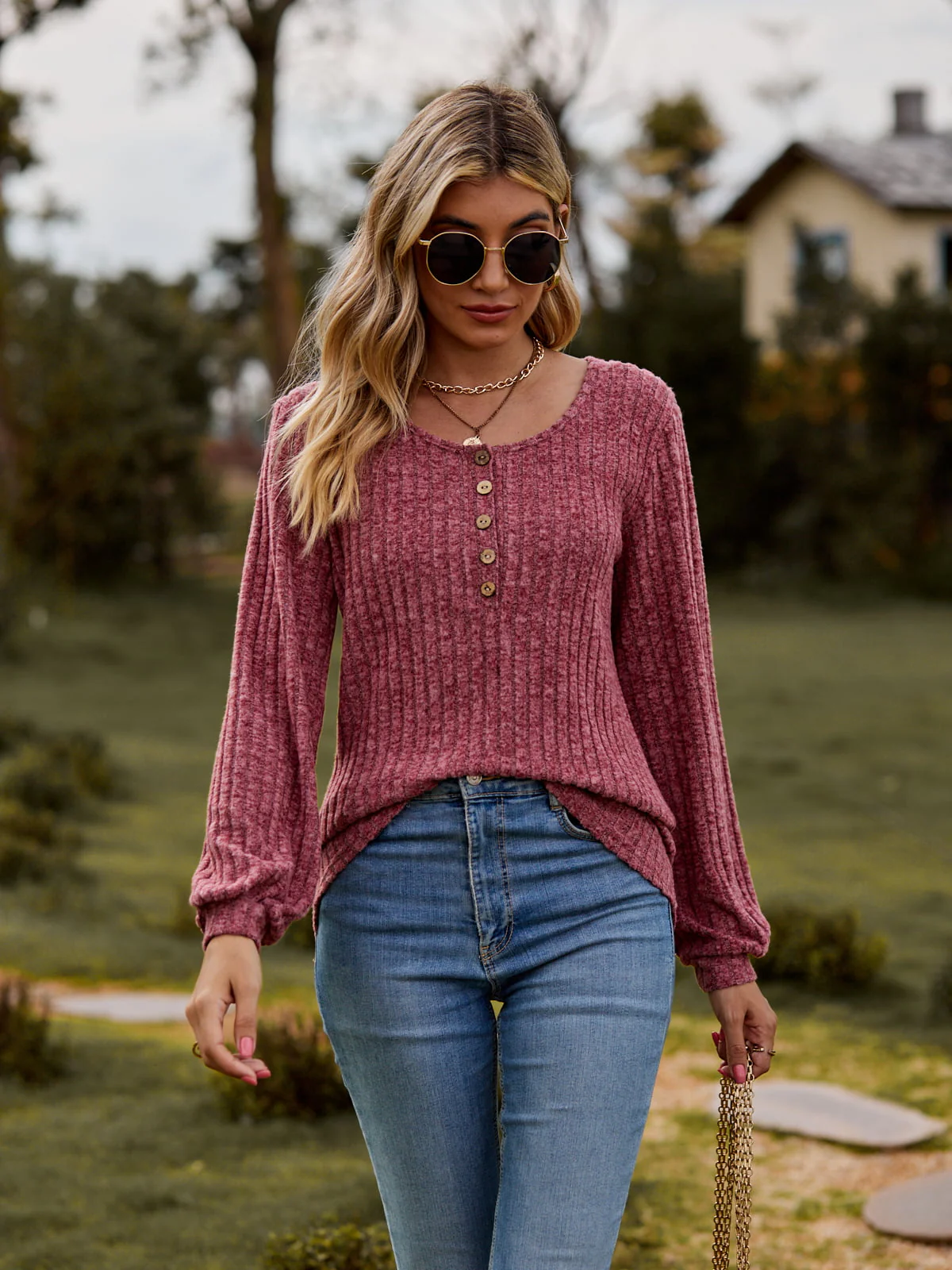 Round Neck Button-Down Long Sleeve Tee - Image 13