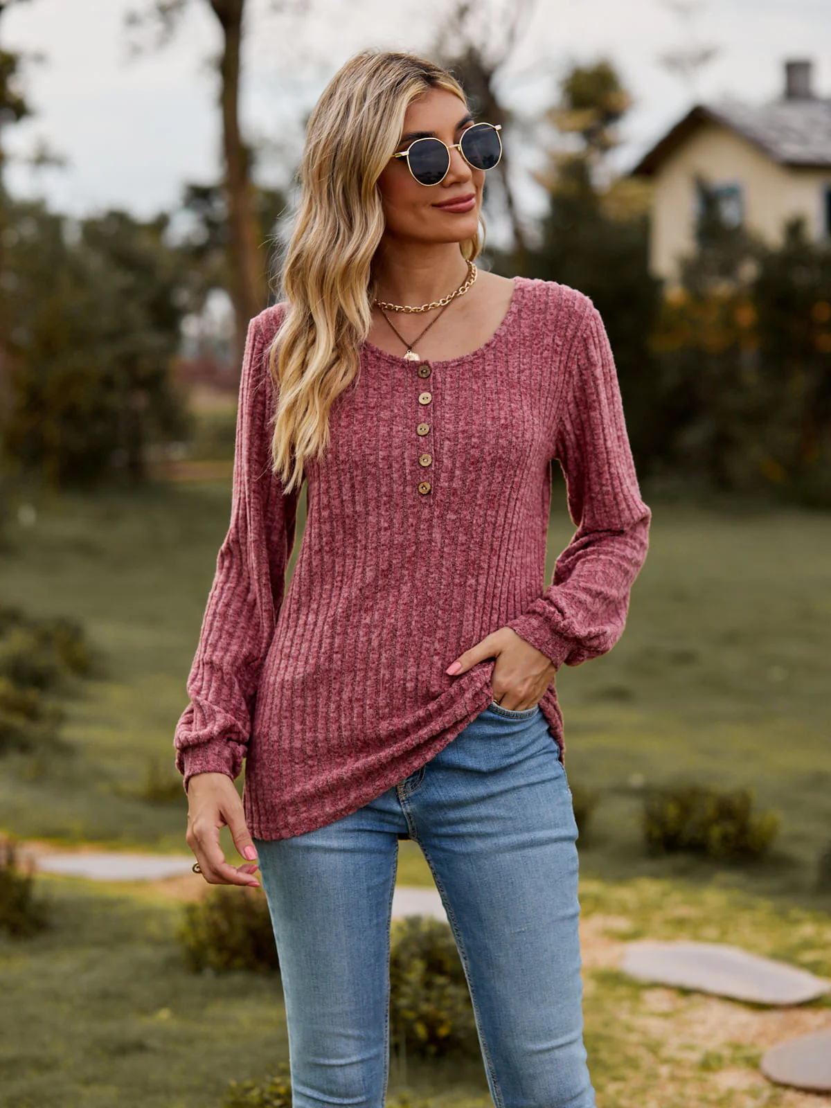 Round Neck Button-Down Long Sleeve Tee - Image 15