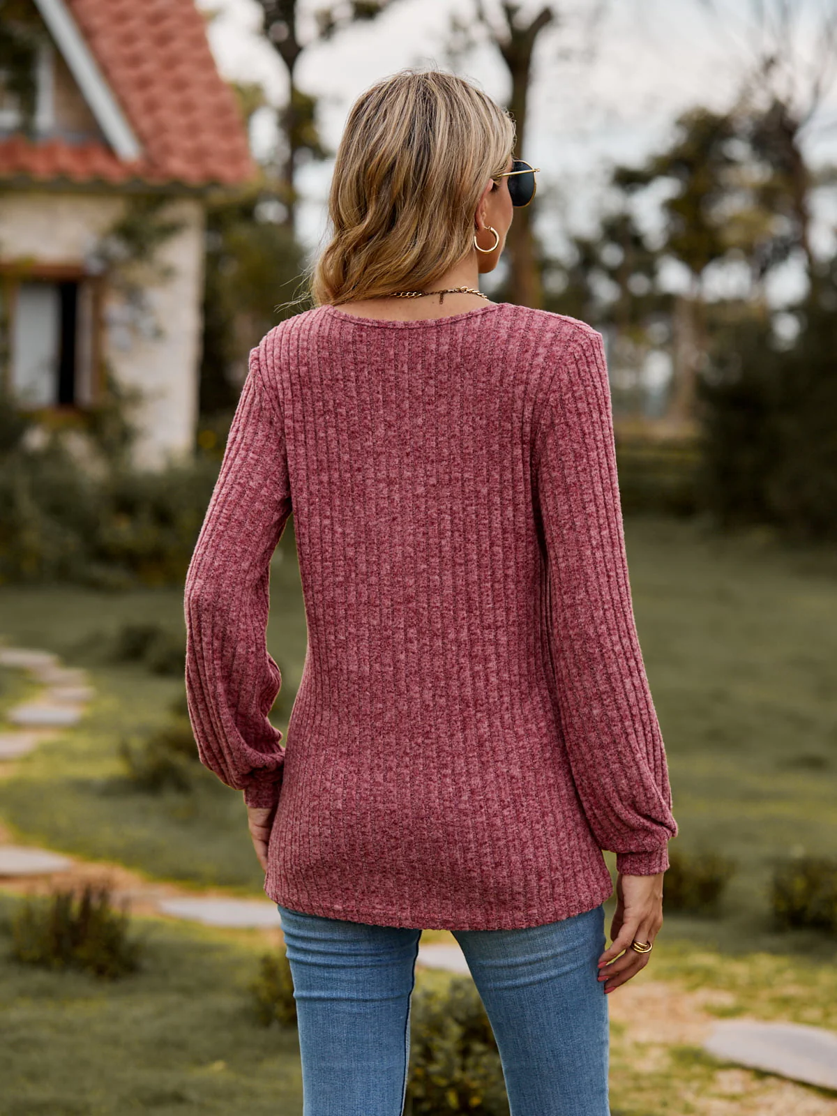 Round Neck Button-Down Long Sleeve Tee - Image 16