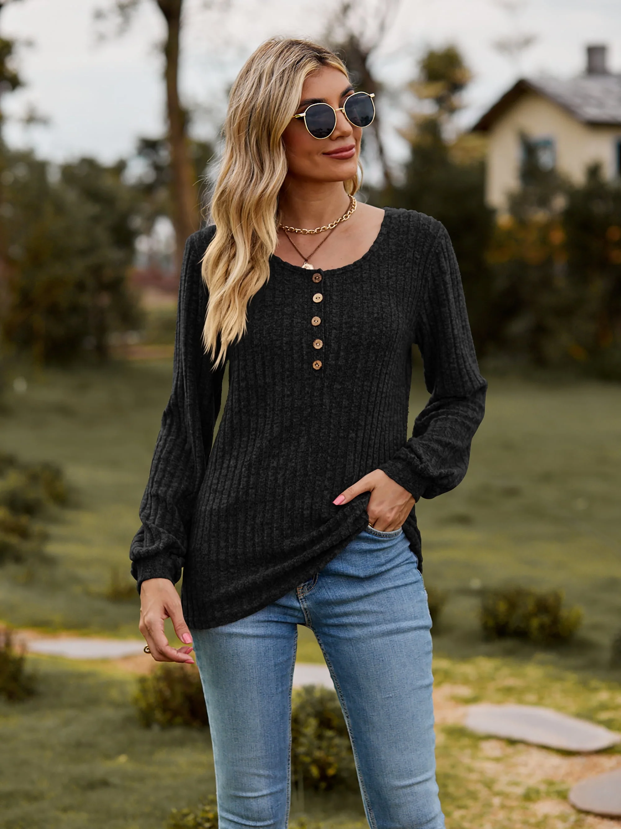 Round Neck Button-Down Long Sleeve Tee - Image 17
