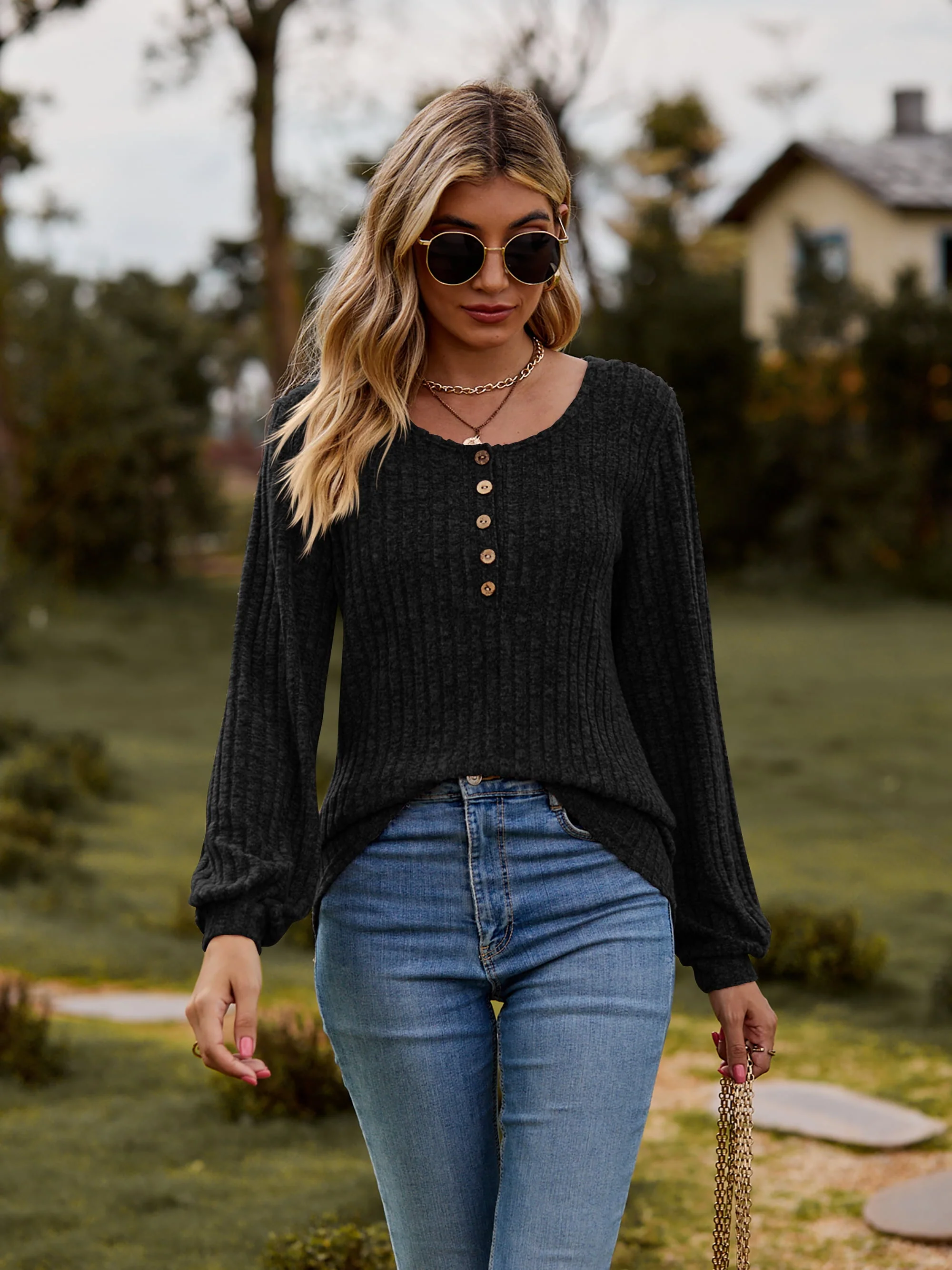 Round Neck Button-Down Long Sleeve Tee - Image 18