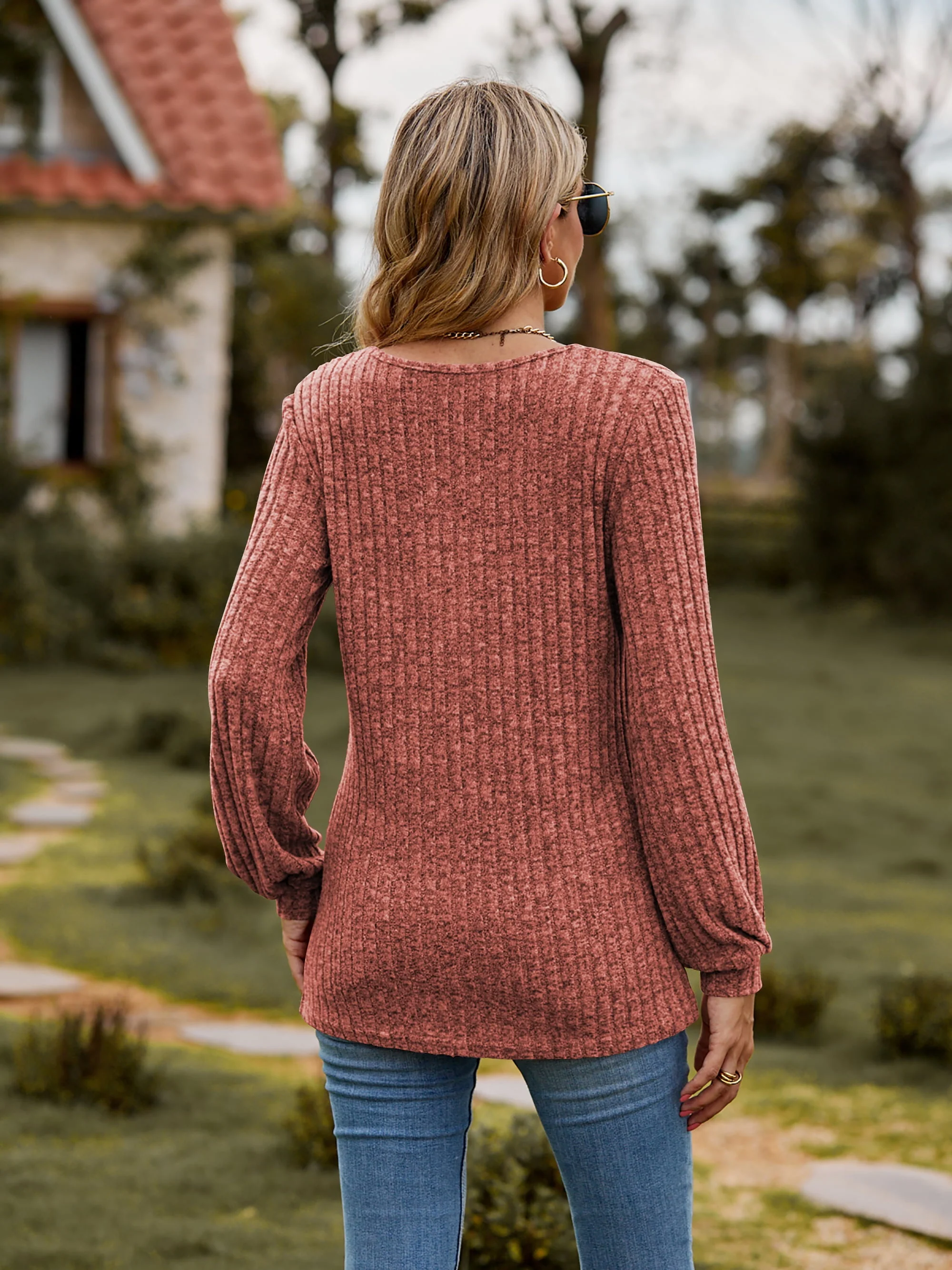 Round Neck Button-Down Long Sleeve Tee - Image 2