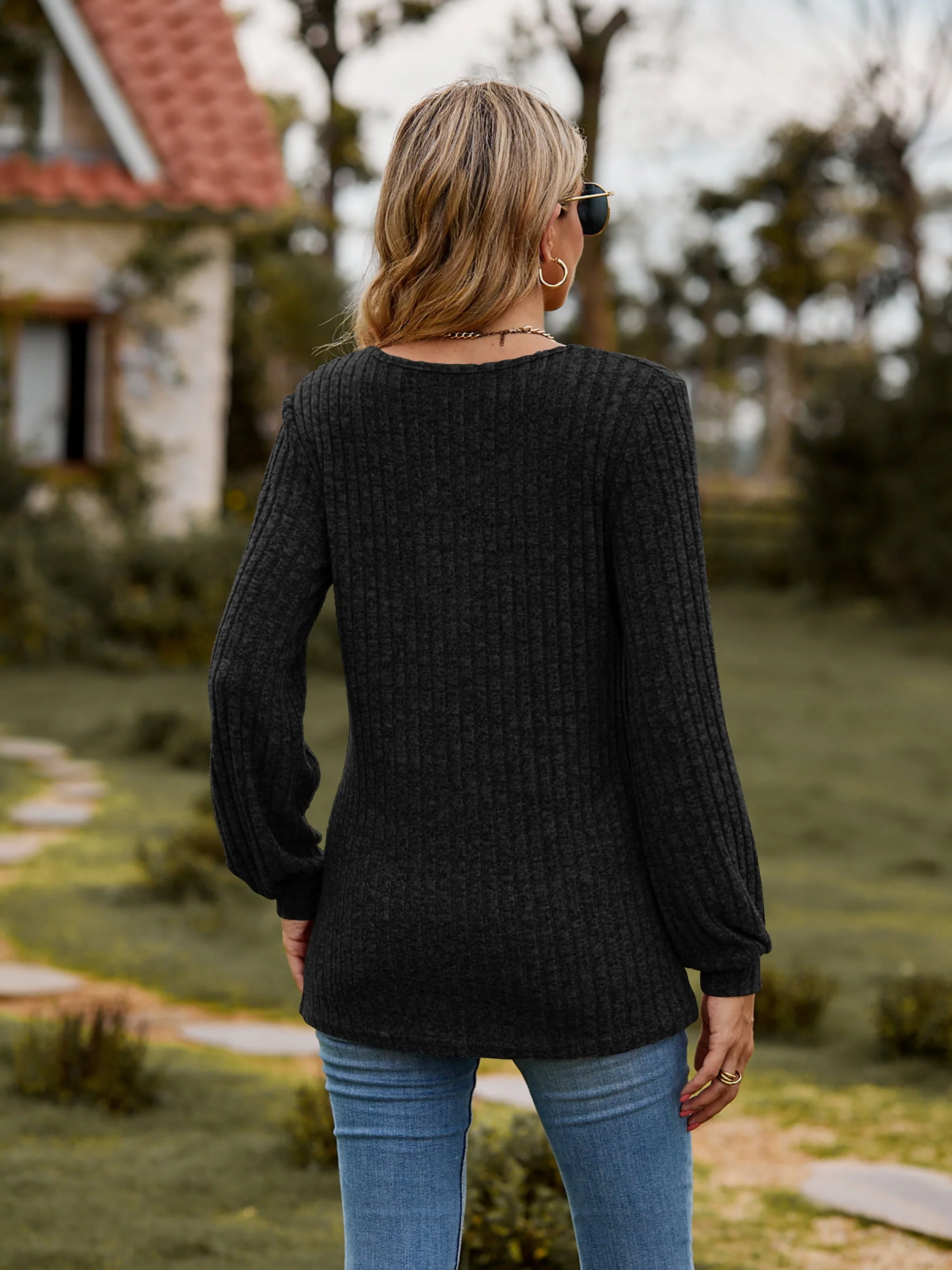 Round Neck Button-Down Long Sleeve Tee - Image 20