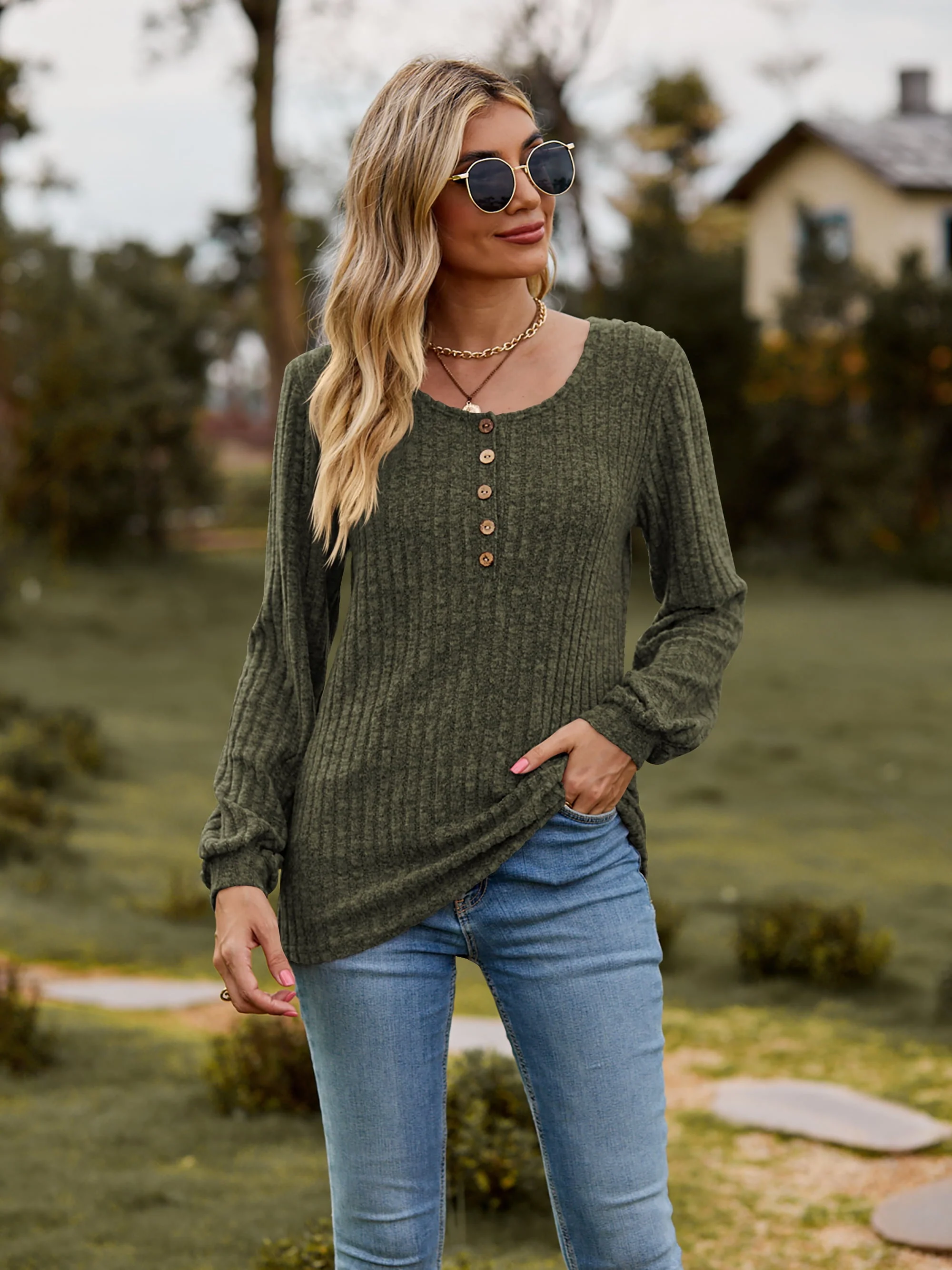 Round Neck Button-Down Long Sleeve Tee - Image 21