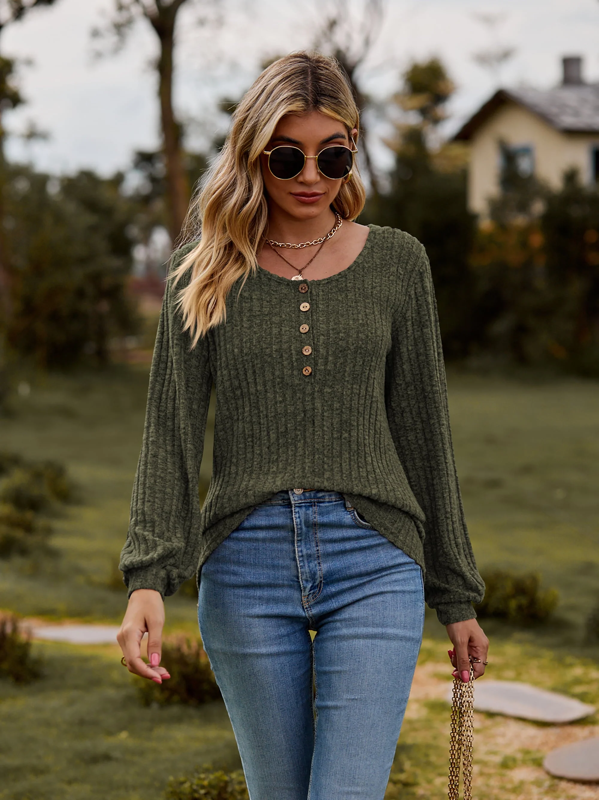 Round Neck Button-Down Long Sleeve Tee - Image 22