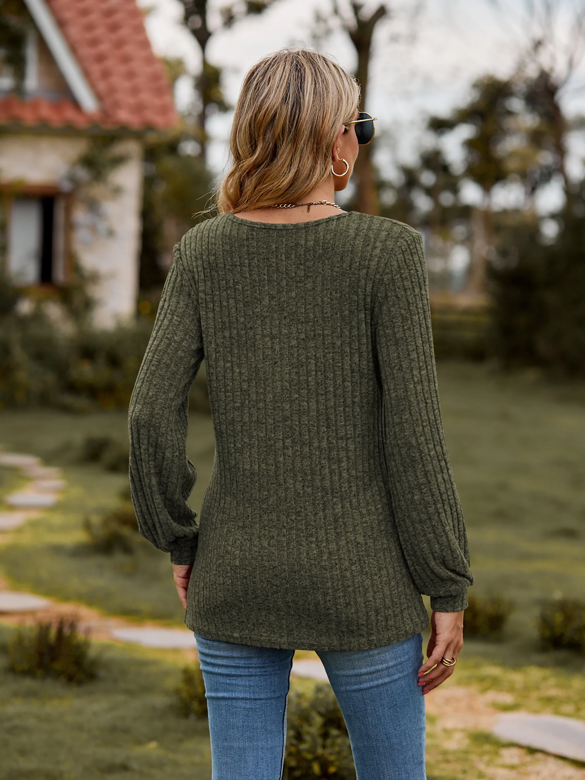 Round Neck Button-Down Long Sleeve Tee - Image 24
