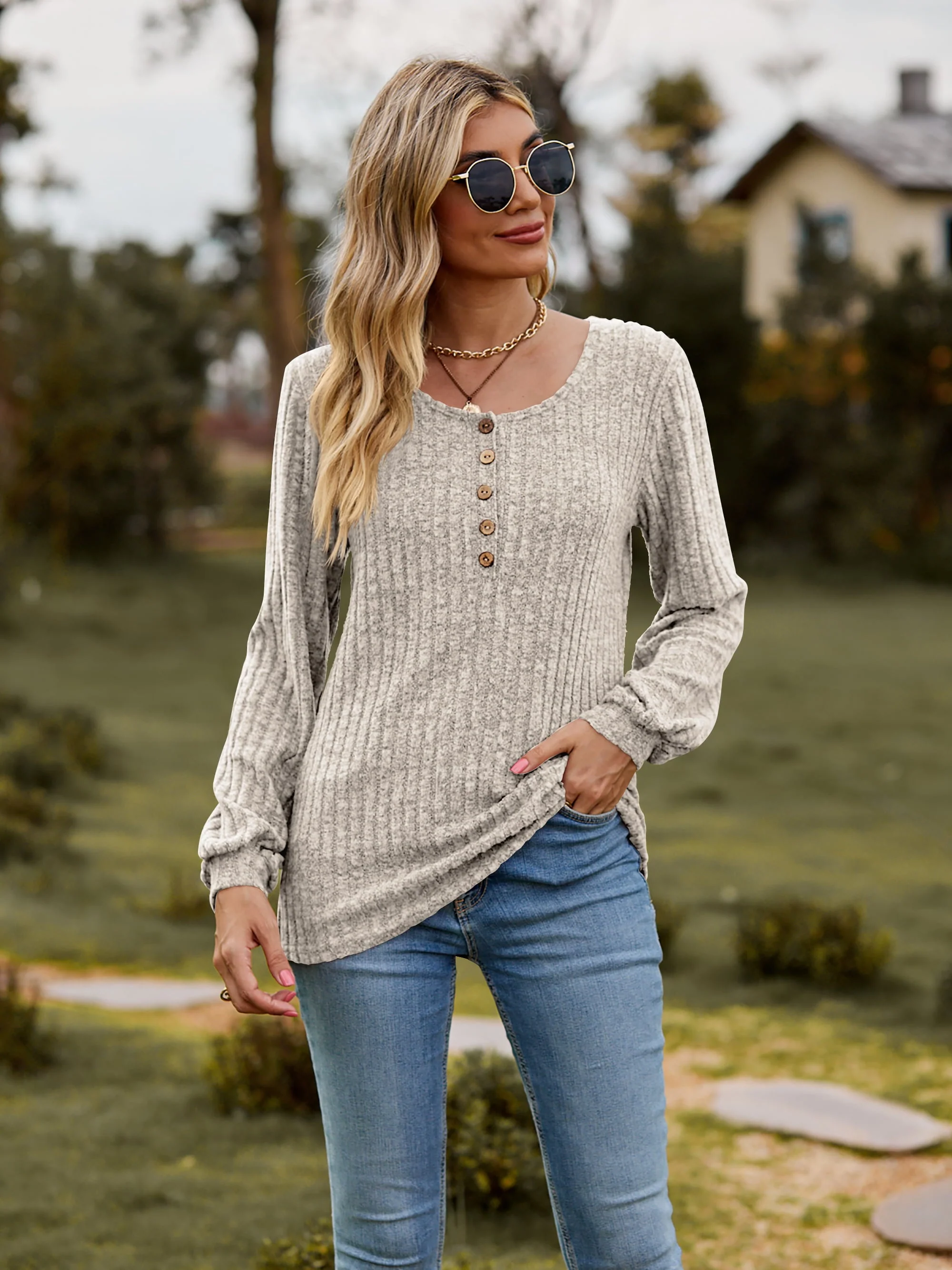 Round Neck Button-Down Long Sleeve Tee - Image 25