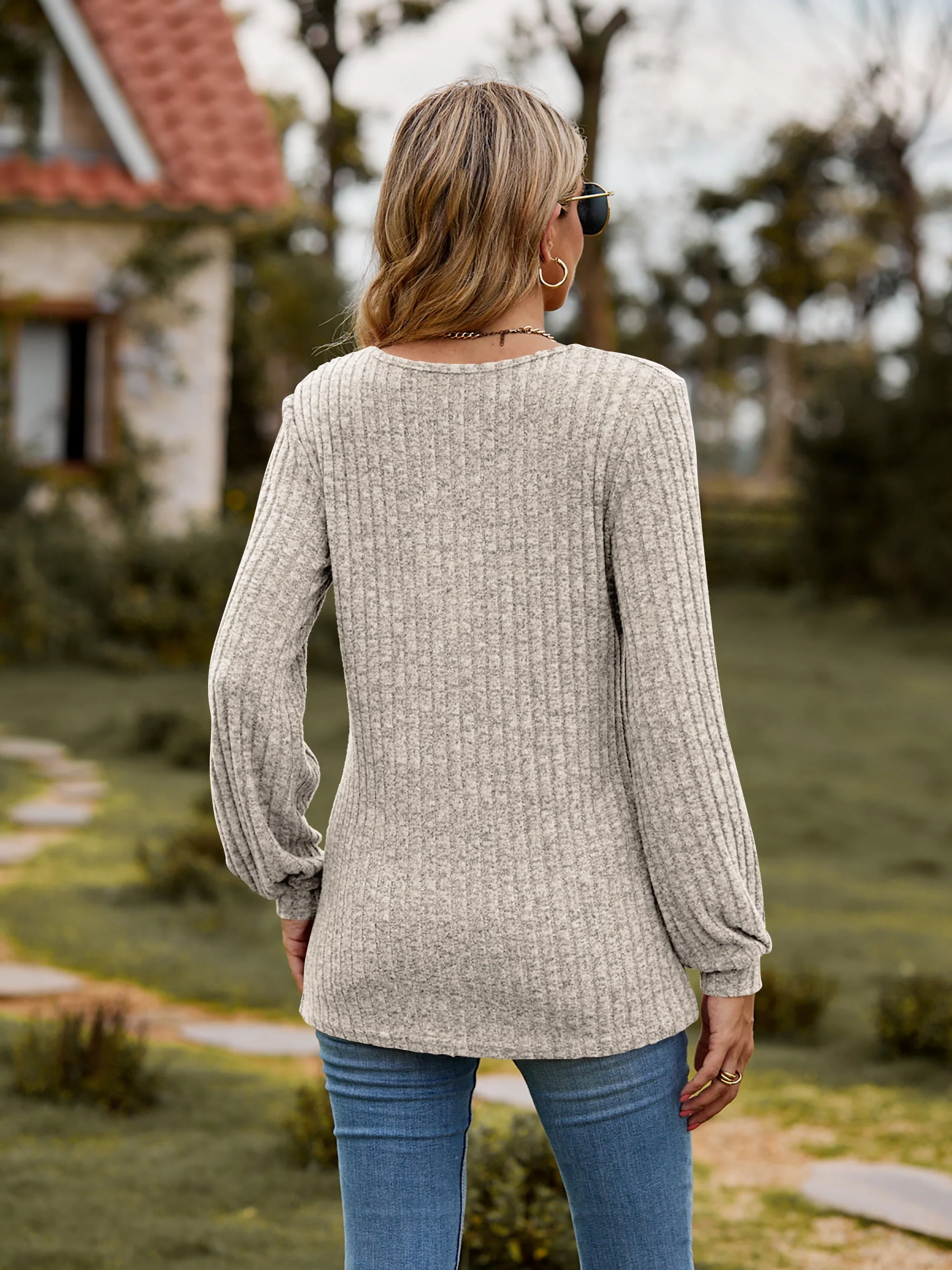 Round Neck Button-Down Long Sleeve Tee - Image 28