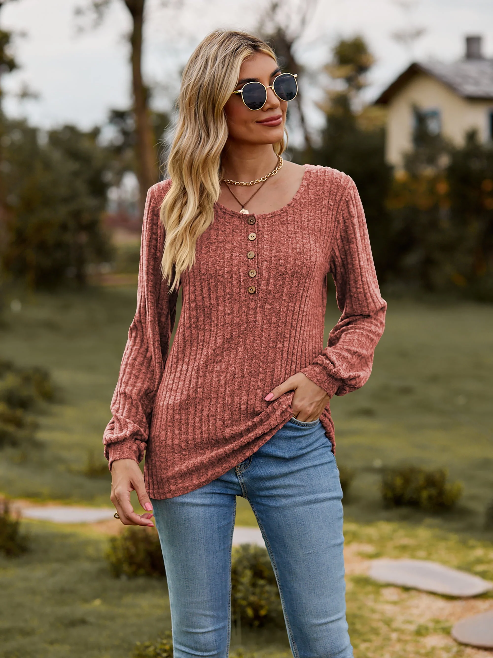 Round Neck Button-Down Long Sleeve Tee - Image 3