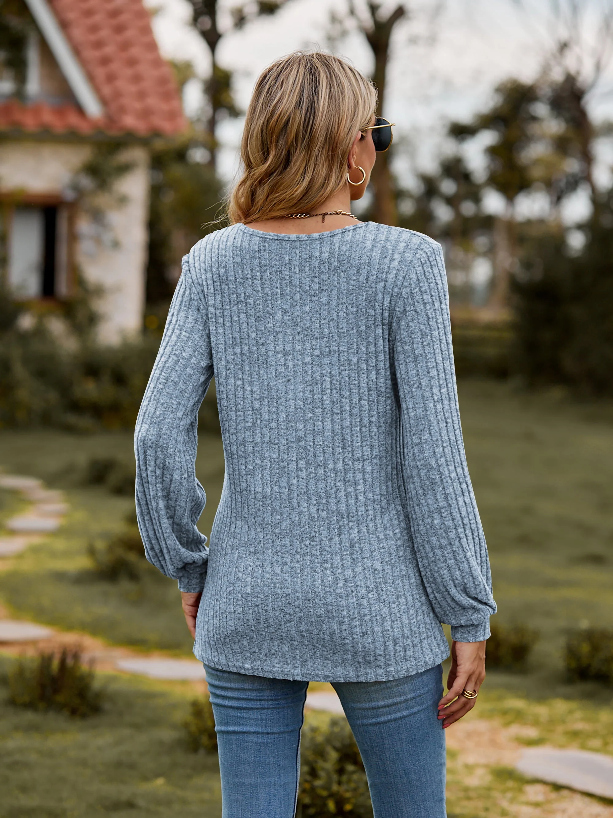 Round Neck Button-Down Long Sleeve Tee - Image 8