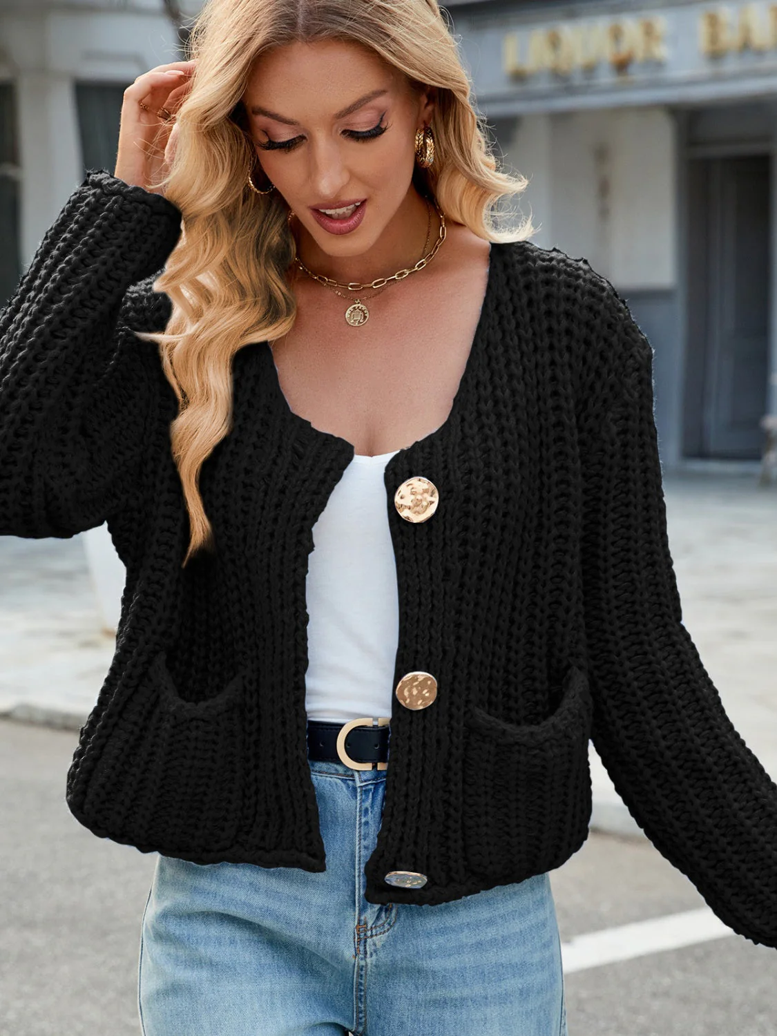 Round Neck Button Up Cardigan with Pockets - Image 14