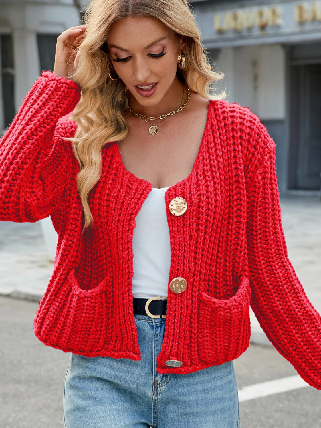 Round Neck Button Up Cardigan with Pockets - Image 19