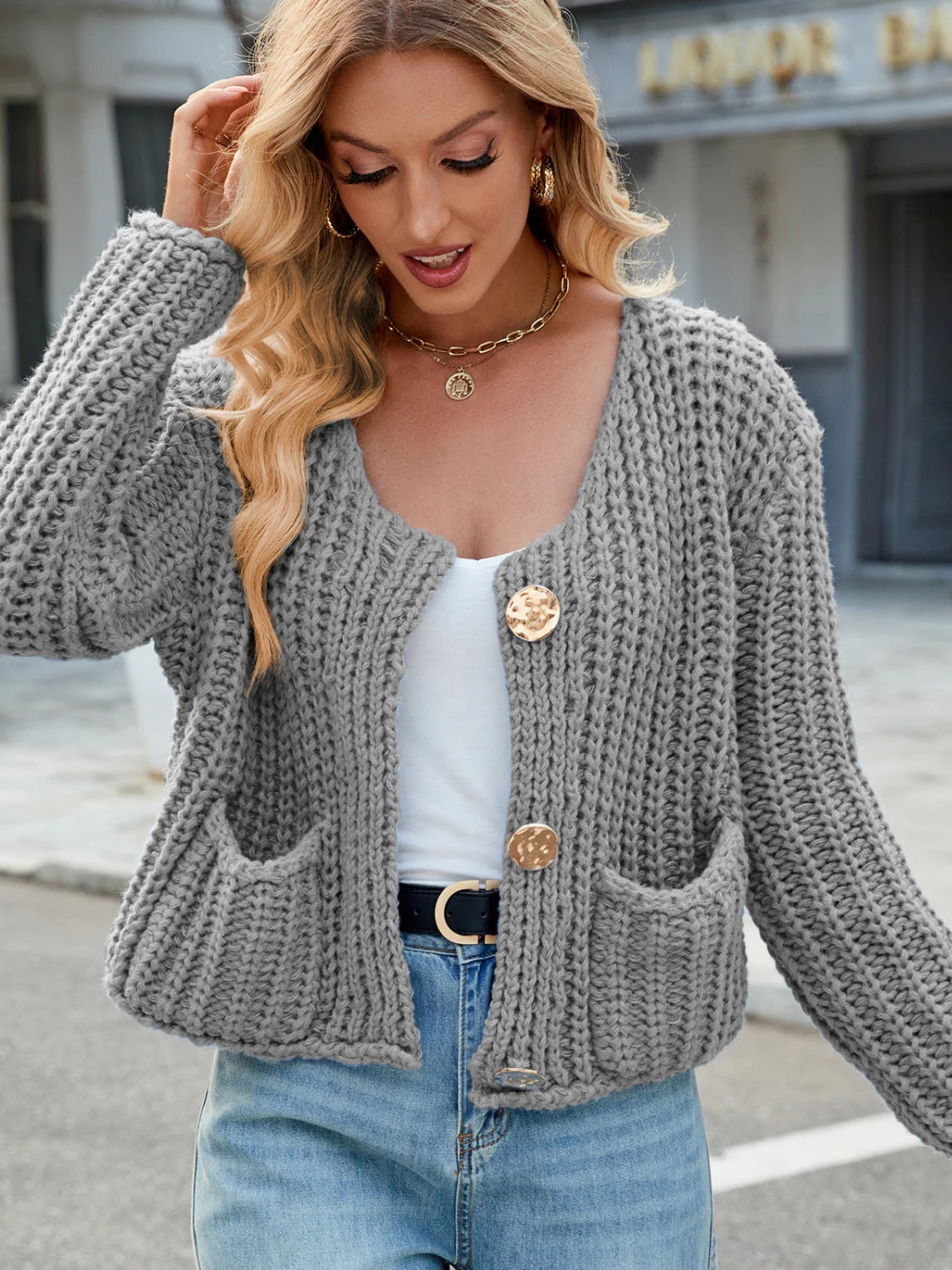 Round Neck Button Up Cardigan with Pockets - Image 22