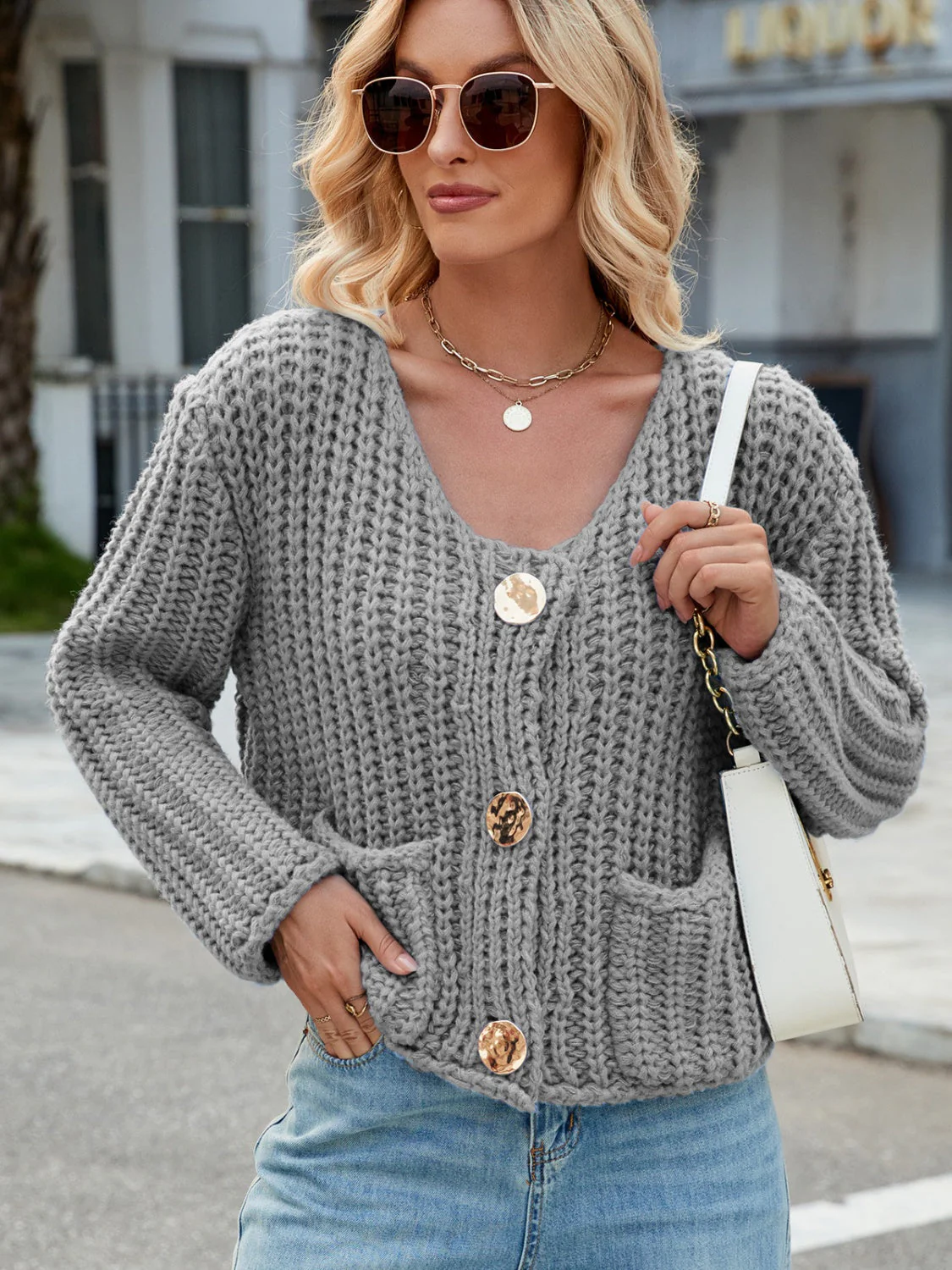 Round Neck Button Up Cardigan with Pockets - Image 24
