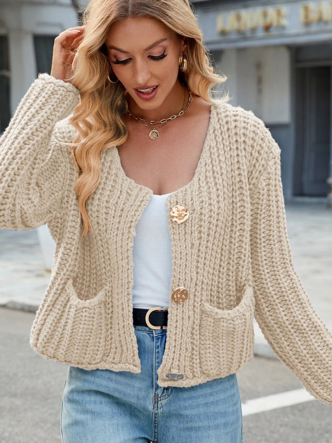 Round Neck Button Up Cardigan with Pockets - Image 28