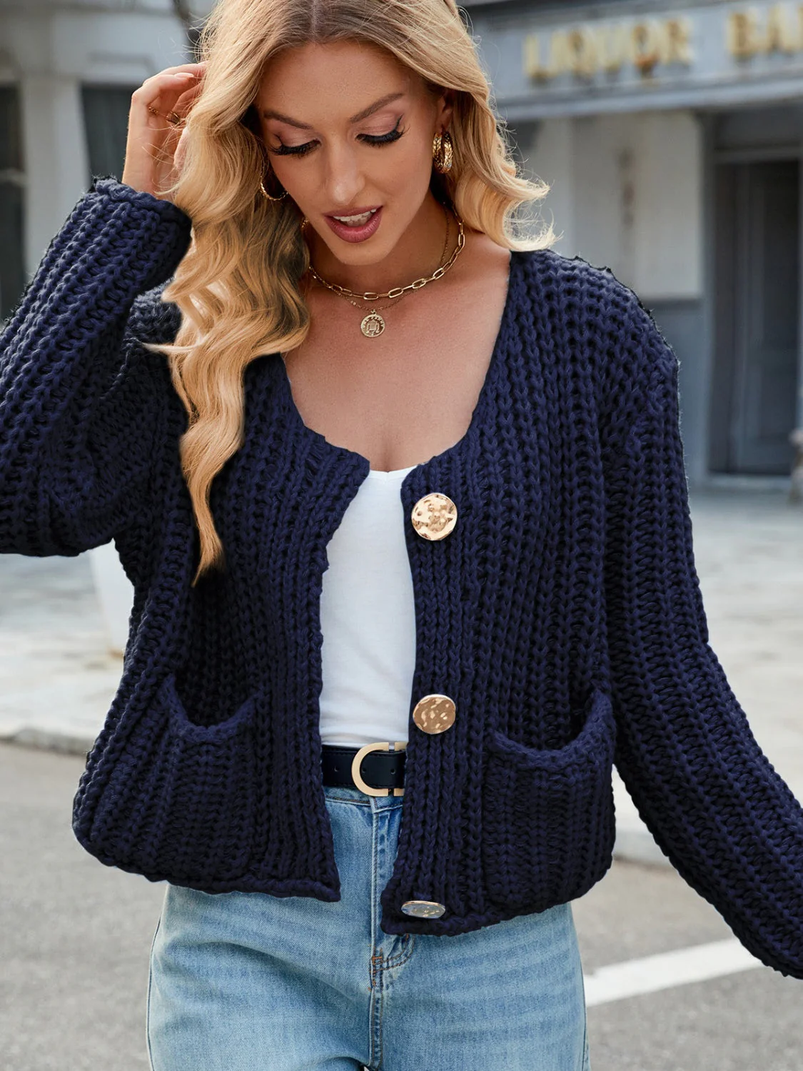 Round Neck Button Up Cardigan with Pockets - Image 31
