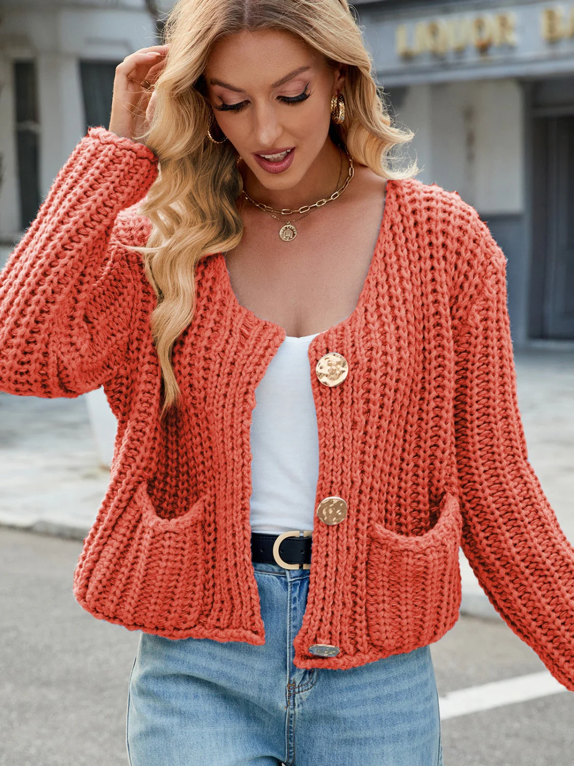 Round Neck Button Up Cardigan with Pockets - Image 34