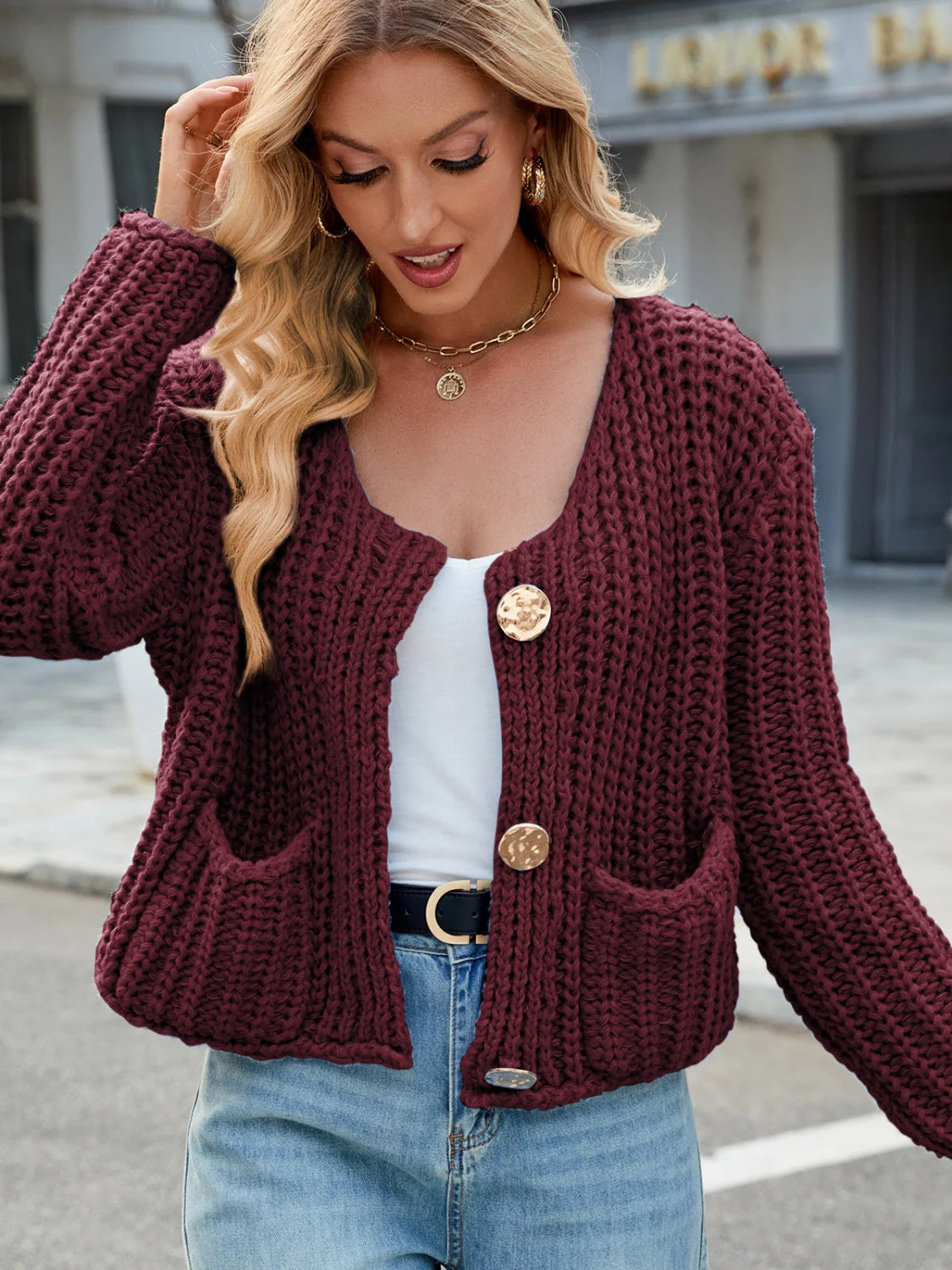 Round Neck Button Up Cardigan with Pockets - Image 6