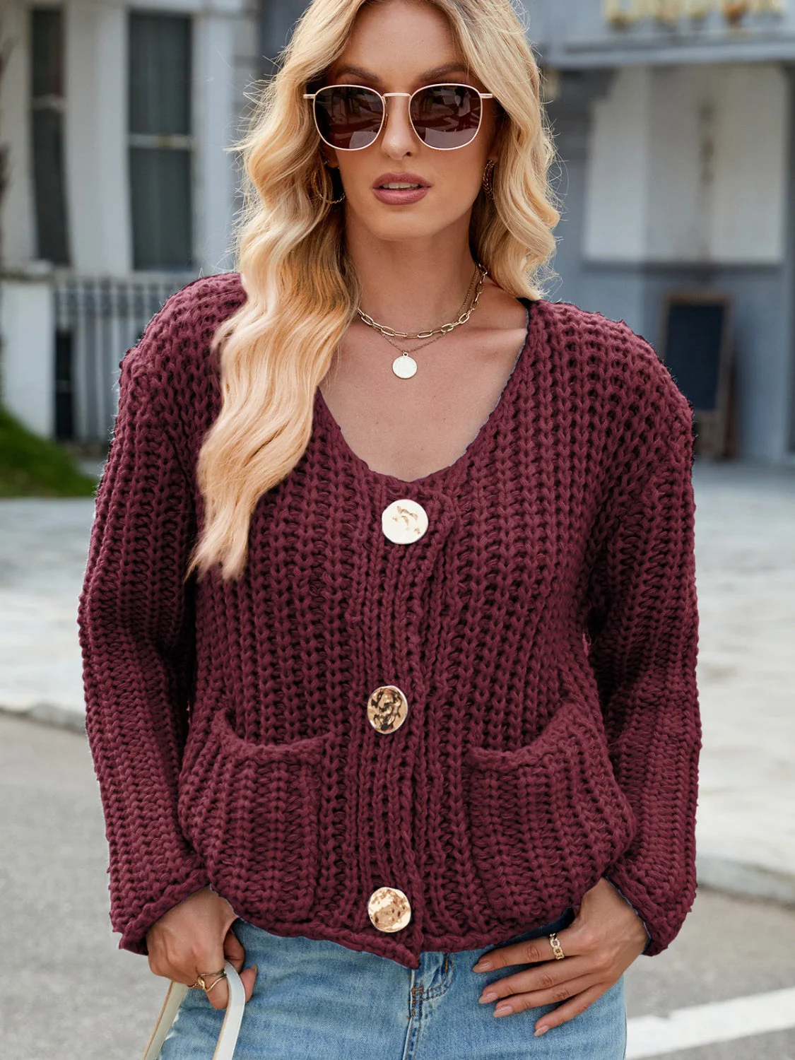 Round Neck Button Up Cardigan with Pockets - Image 7