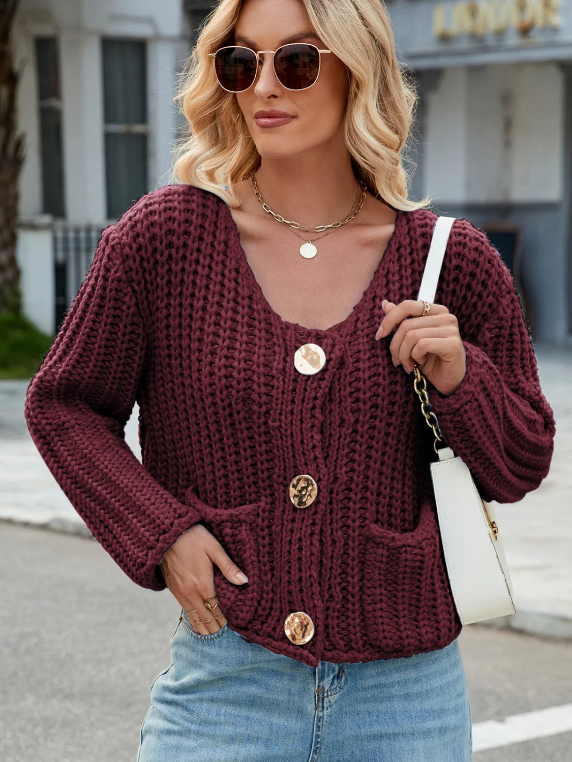 Round Neck Button Up Cardigan with Pockets - Image 9