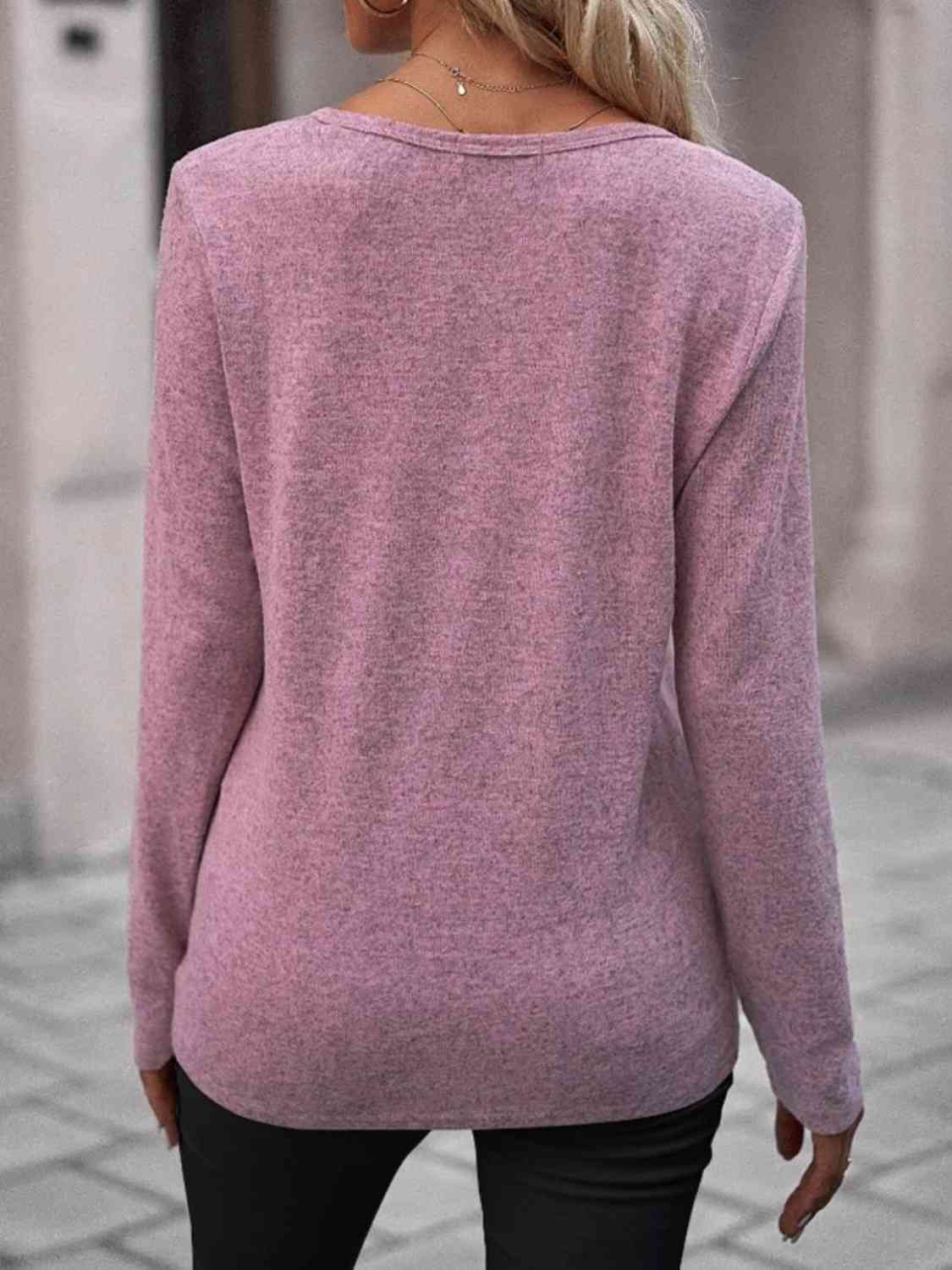Round Neck Buttoned Long Sleeve T-Shirt - Image 12