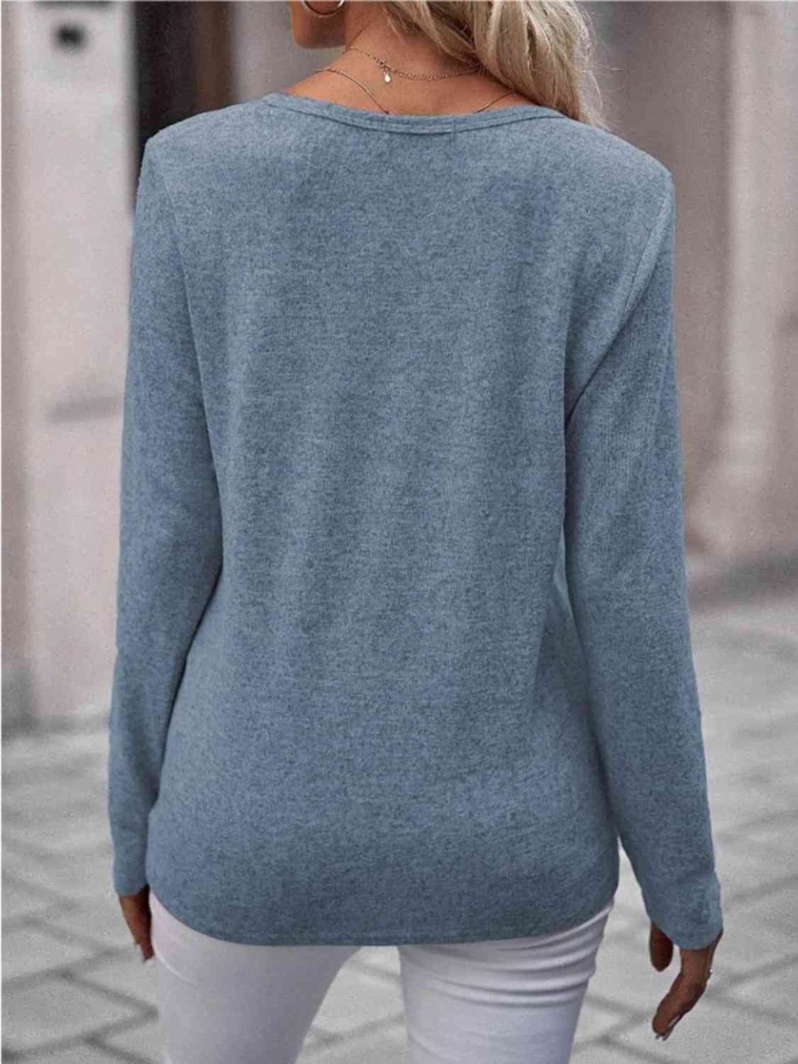 Round Neck Buttoned Long Sleeve T-Shirt - Image 15