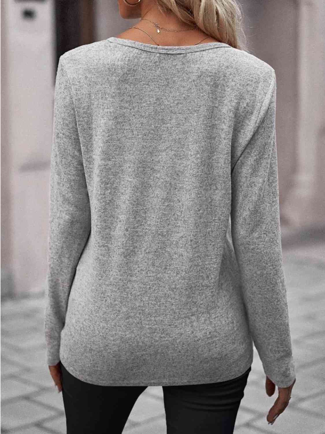 Round Neck Buttoned Long Sleeve T-Shirt - Image 2