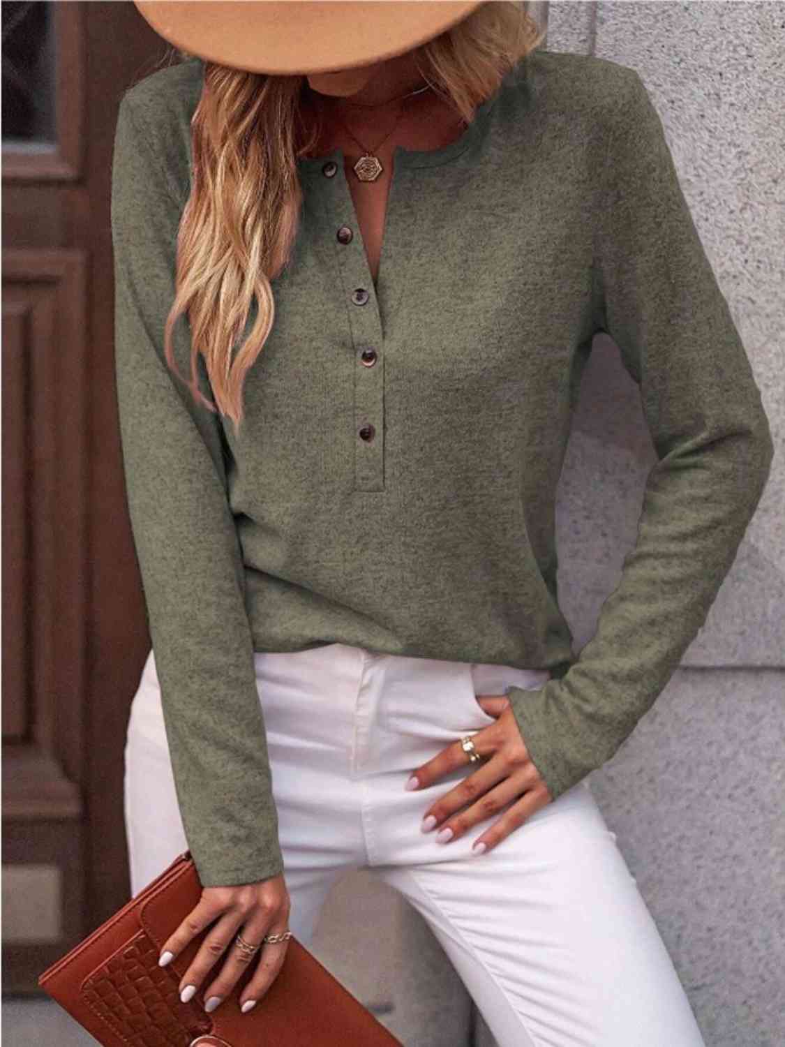 Round Neck Buttoned Long Sleeve T-Shirt - Image 8