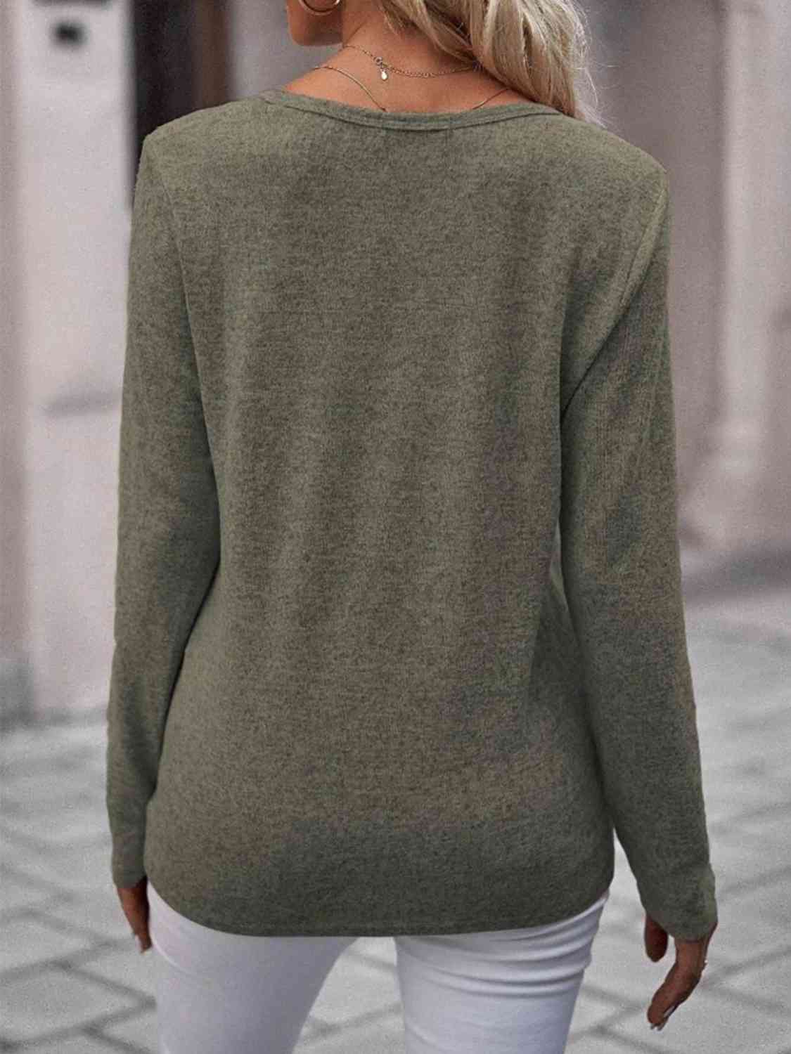 Round Neck Buttoned Long Sleeve T-Shirt - Image 9