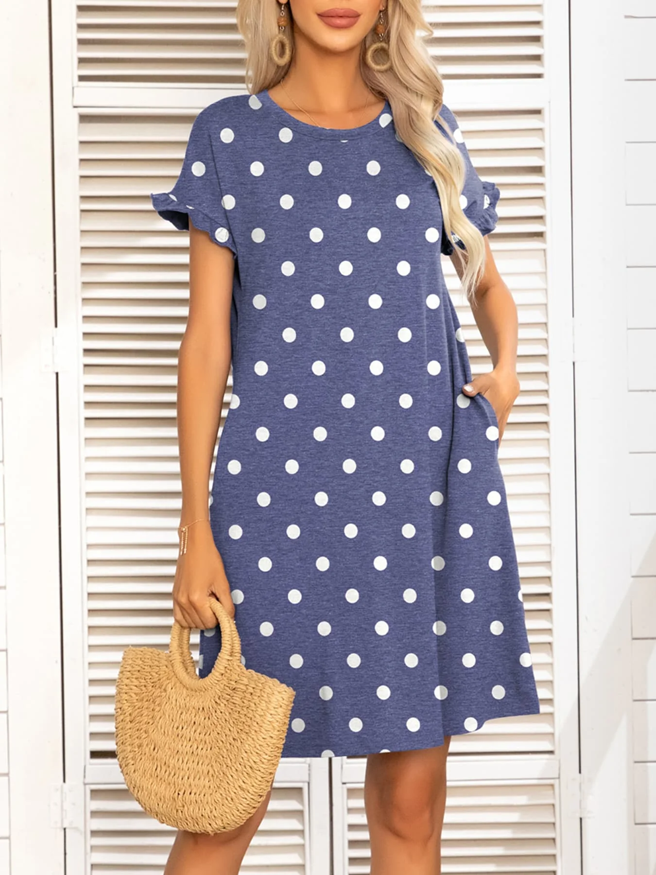 Round Neck Flounce Sleeve Dress with Pockets - Image 10