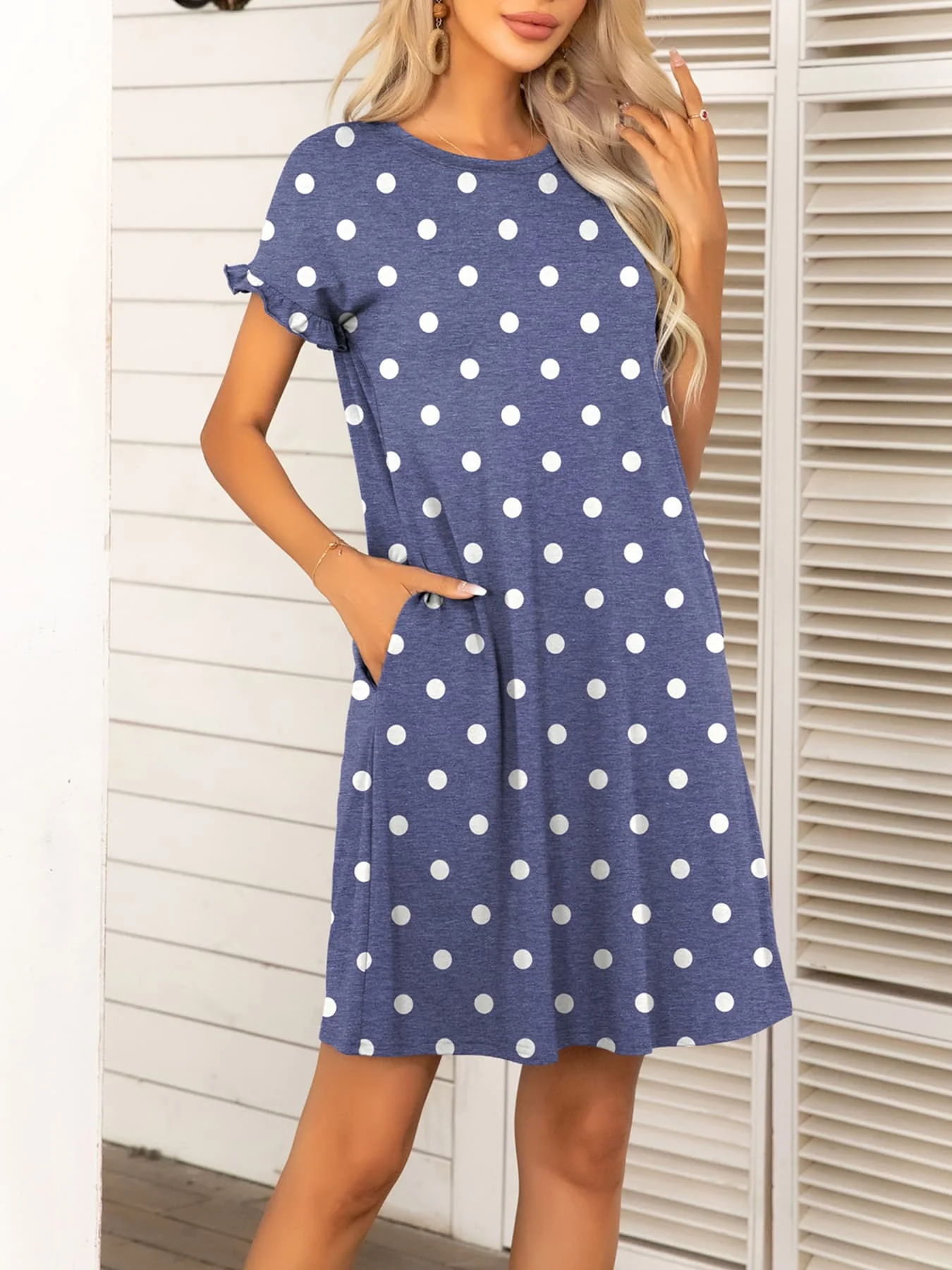 Round Neck Flounce Sleeve Dress with Pockets - Image 11