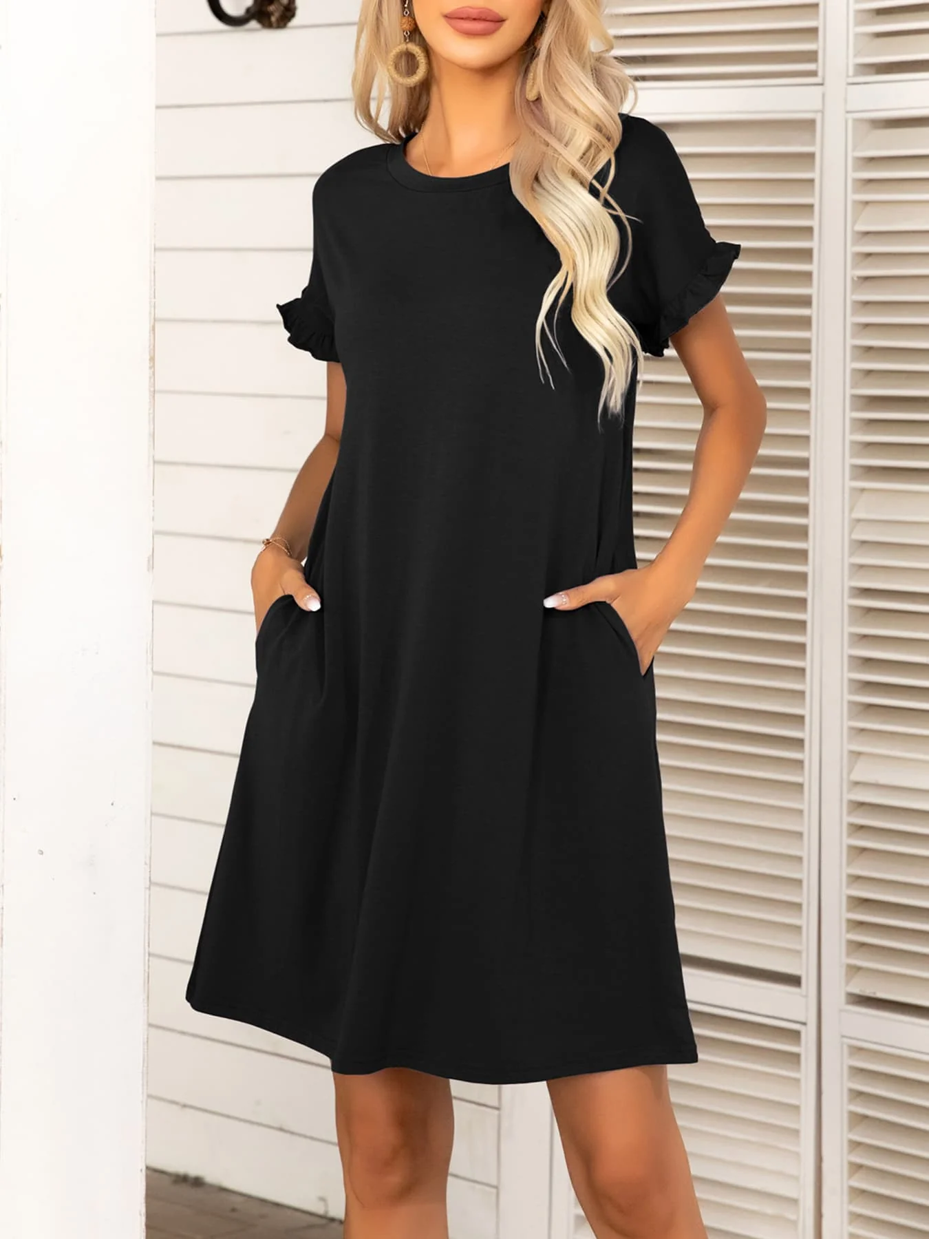 Round Neck Flounce Sleeve Dress with Pockets - Image 2