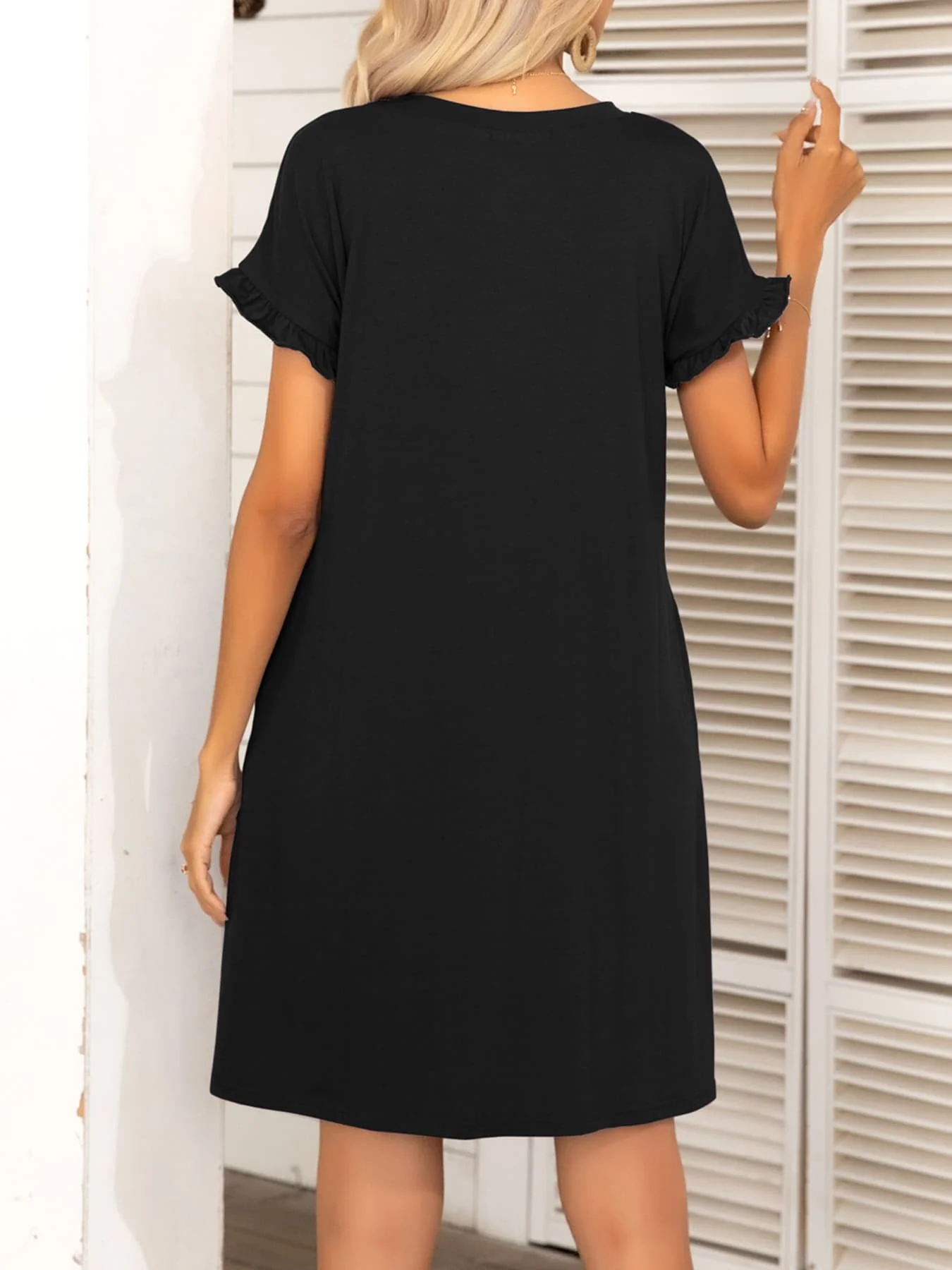 Round Neck Flounce Sleeve Dress with Pockets - Image 3
