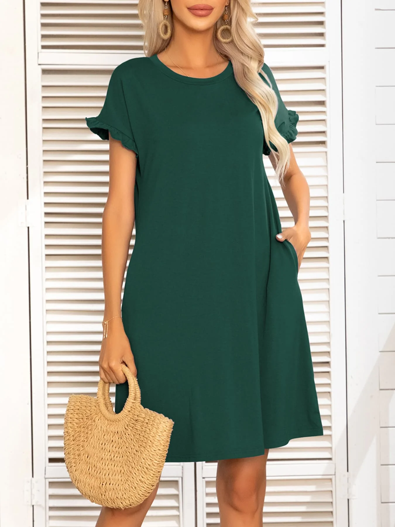 Round Neck Flounce Sleeve Dress with Pockets - Image 4