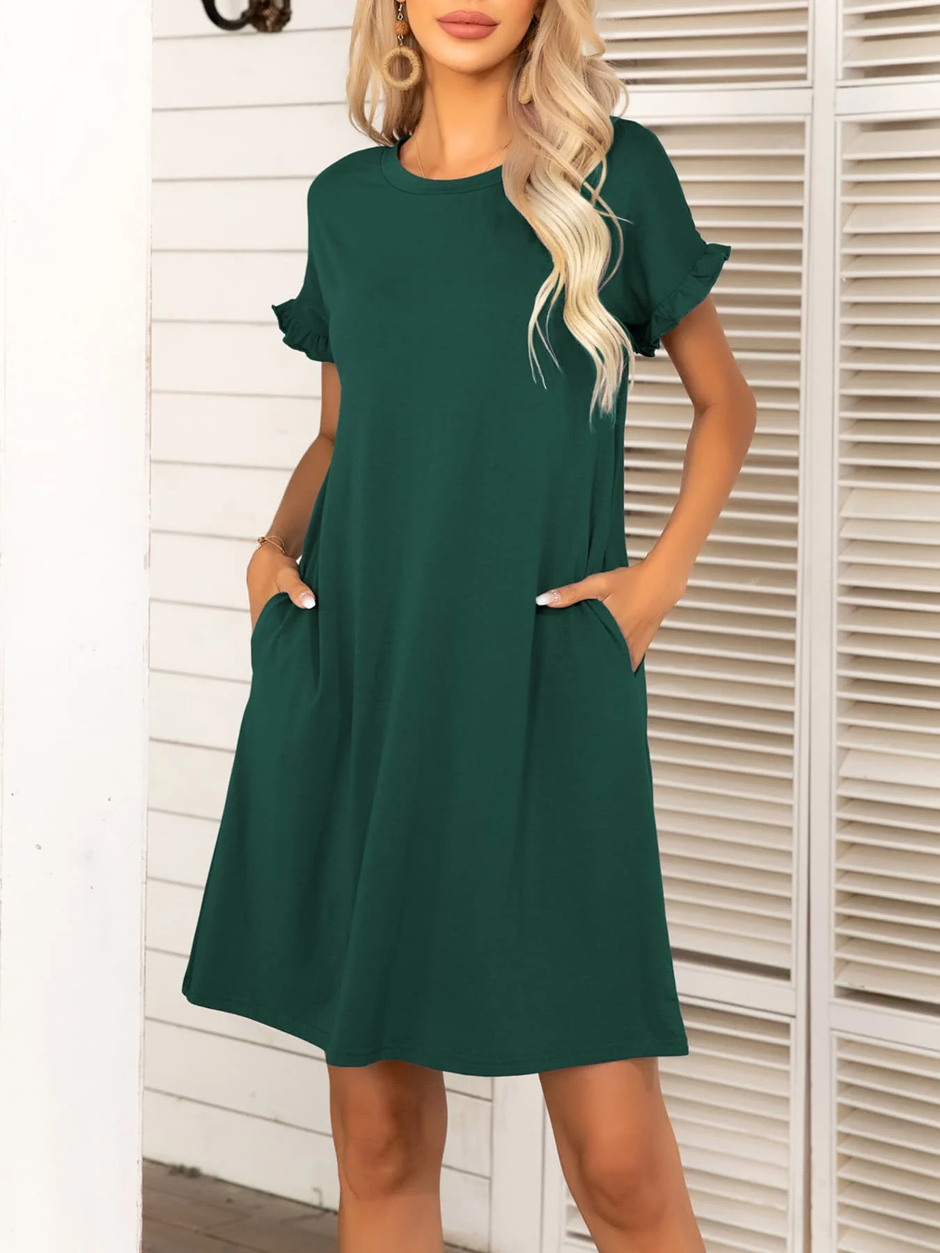 Round Neck Flounce Sleeve Dress with Pockets - Image 5