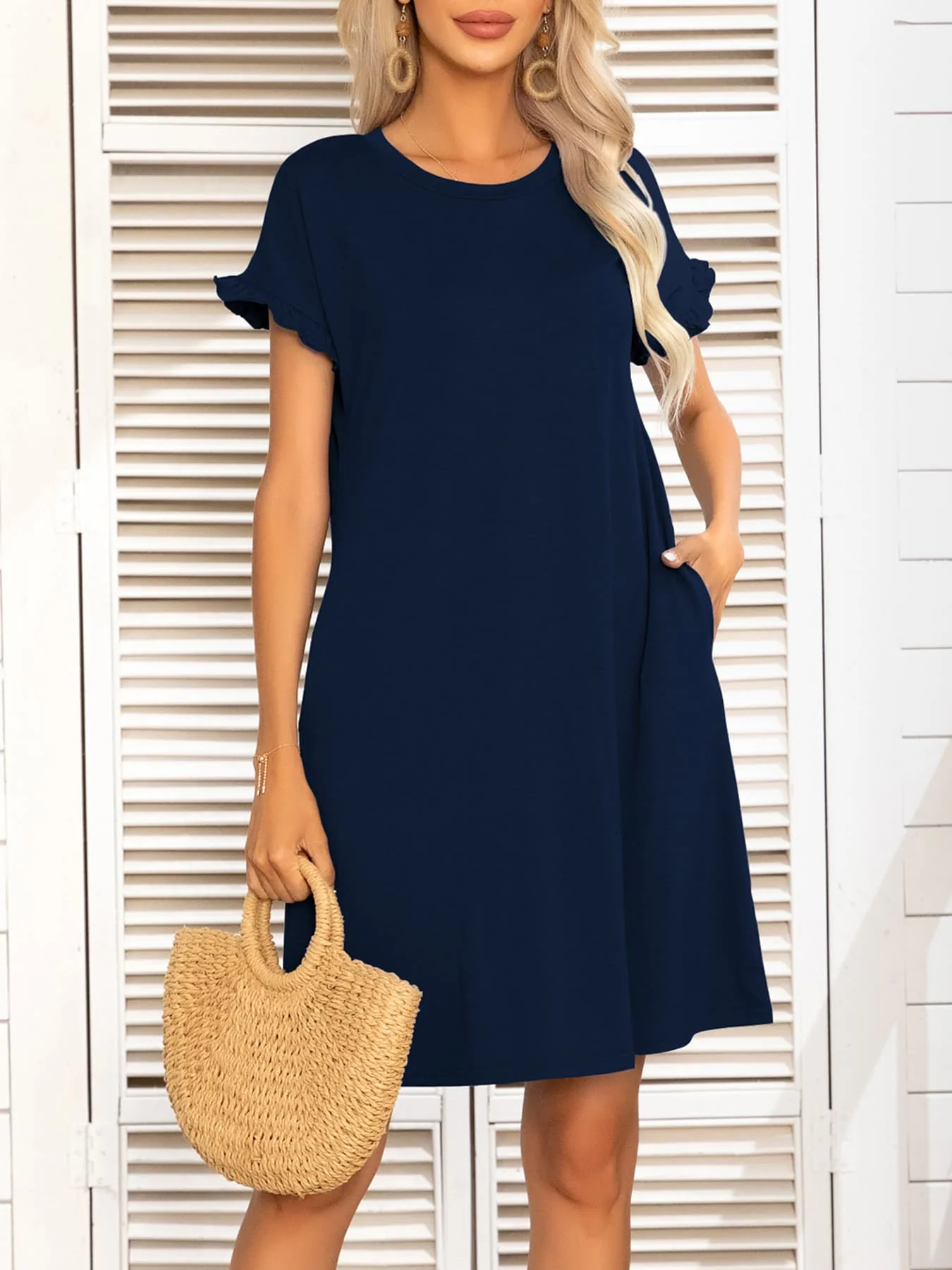 Round Neck Flounce Sleeve Dress with Pockets - Image 7