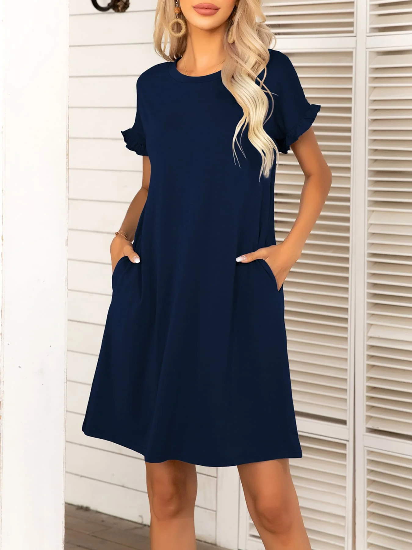 Round Neck Flounce Sleeve Dress with Pockets - Image 8