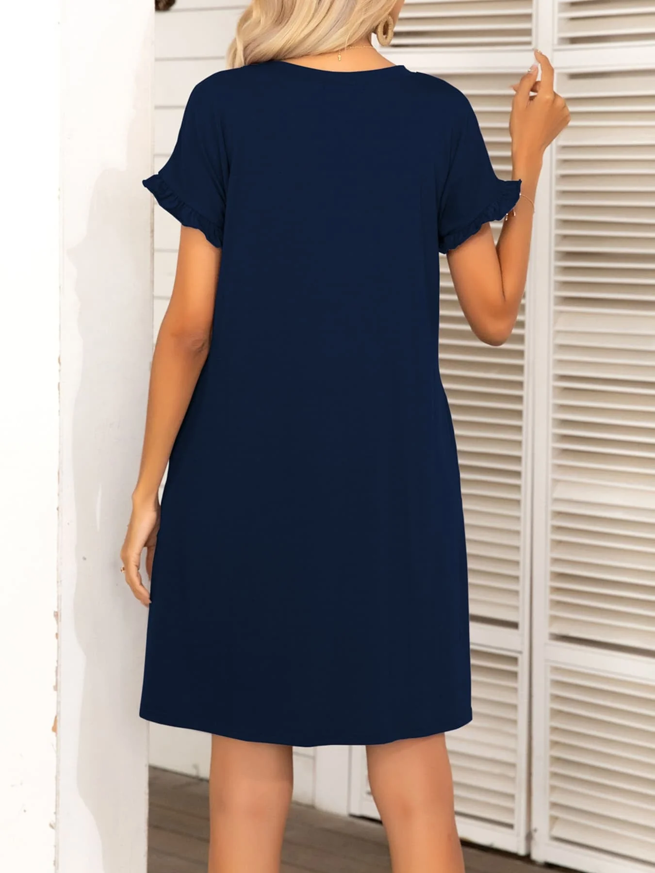 Round Neck Flounce Sleeve Dress with Pockets - Image 9