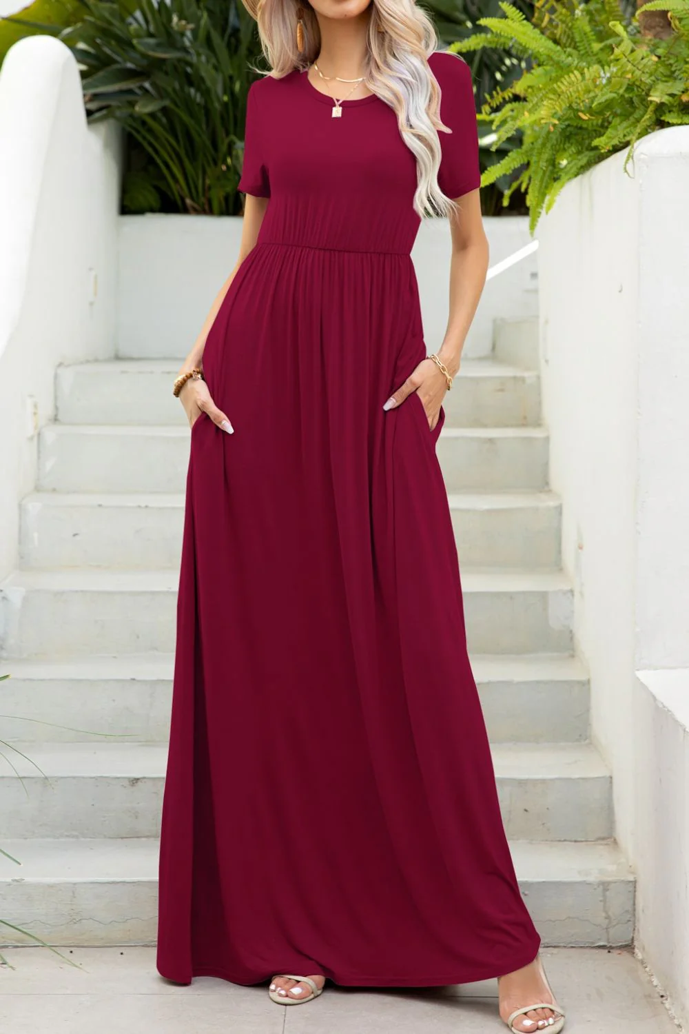 Round Neck Maxi Tee Dress with Pockets - Image 11